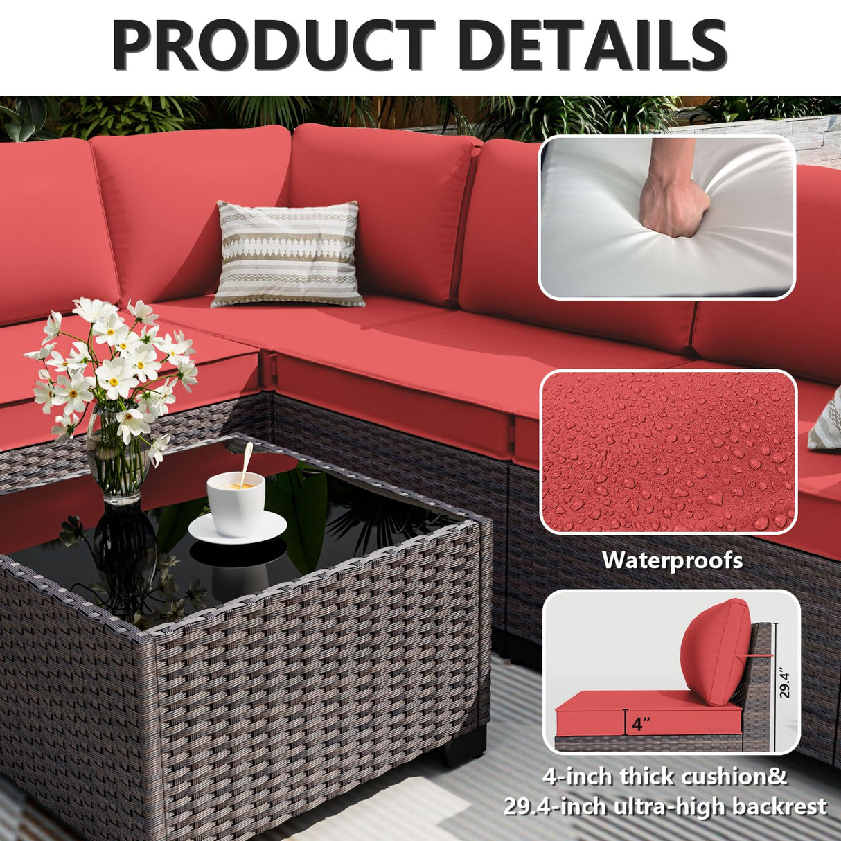 ALAULM 10 Pieces Patio Furniture Set with 2 Swivel Chairs Patio Furniture Outdoor Sectional Sofas with 55000 Gas Fire Pit Patio Conversation Set w/7 Cushions-Red ALAULM