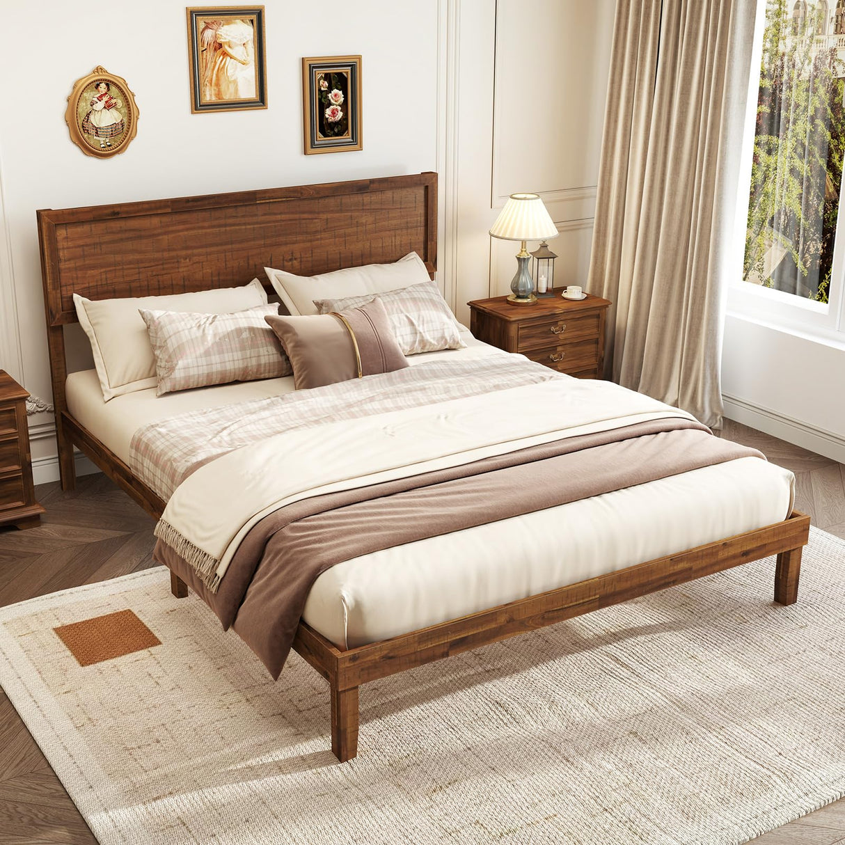 Giantex Wood Queen Bed Frame with Headboard, Mid Century Modern Platform Bed Queen Size with Solid Wood Legs & Wooden Slat Support, Easy Assembly, No Box Spring Needed, Walnut Giantex