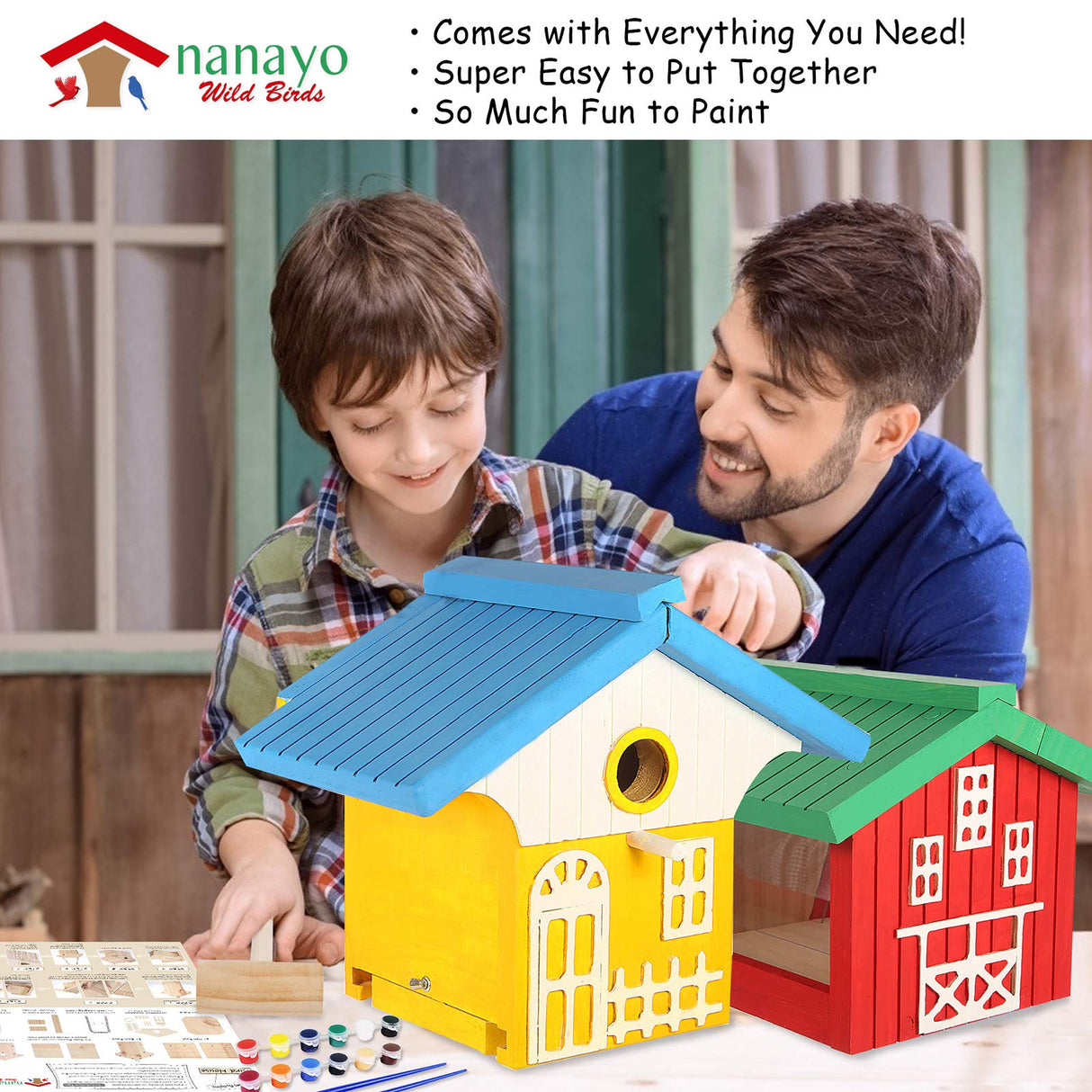 nanayo Wild Birds DIY Bird House Kit for Kids to Build - Birdhouse and Bird Feeder Wood Building Kits with Hanging Chain and Rope, Mallet, Paints and Brushes, Sandpaper, Glue and Bird Discovery Guide nanayo