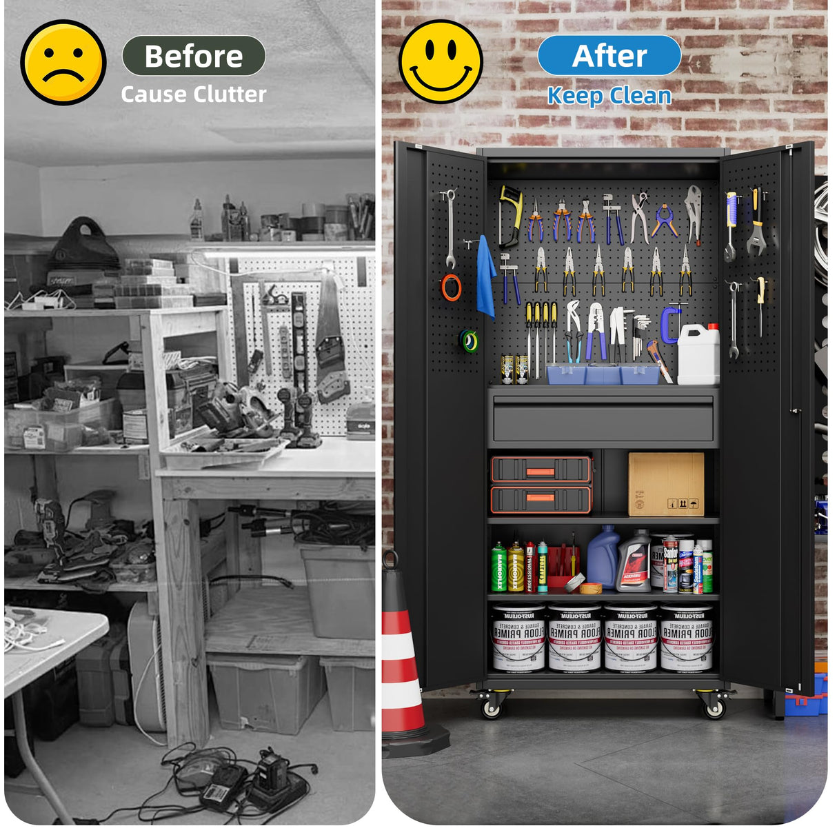 GangMei 71"H Garage Storage Cabinet with Wheels, Drawer, Pegboard and 16 Hooks, Metal Storage Cabinet with Locking Doors and 2 Adjustable Shelves for Garage, Warehouse, Home, Black, Assembly Required GangMei