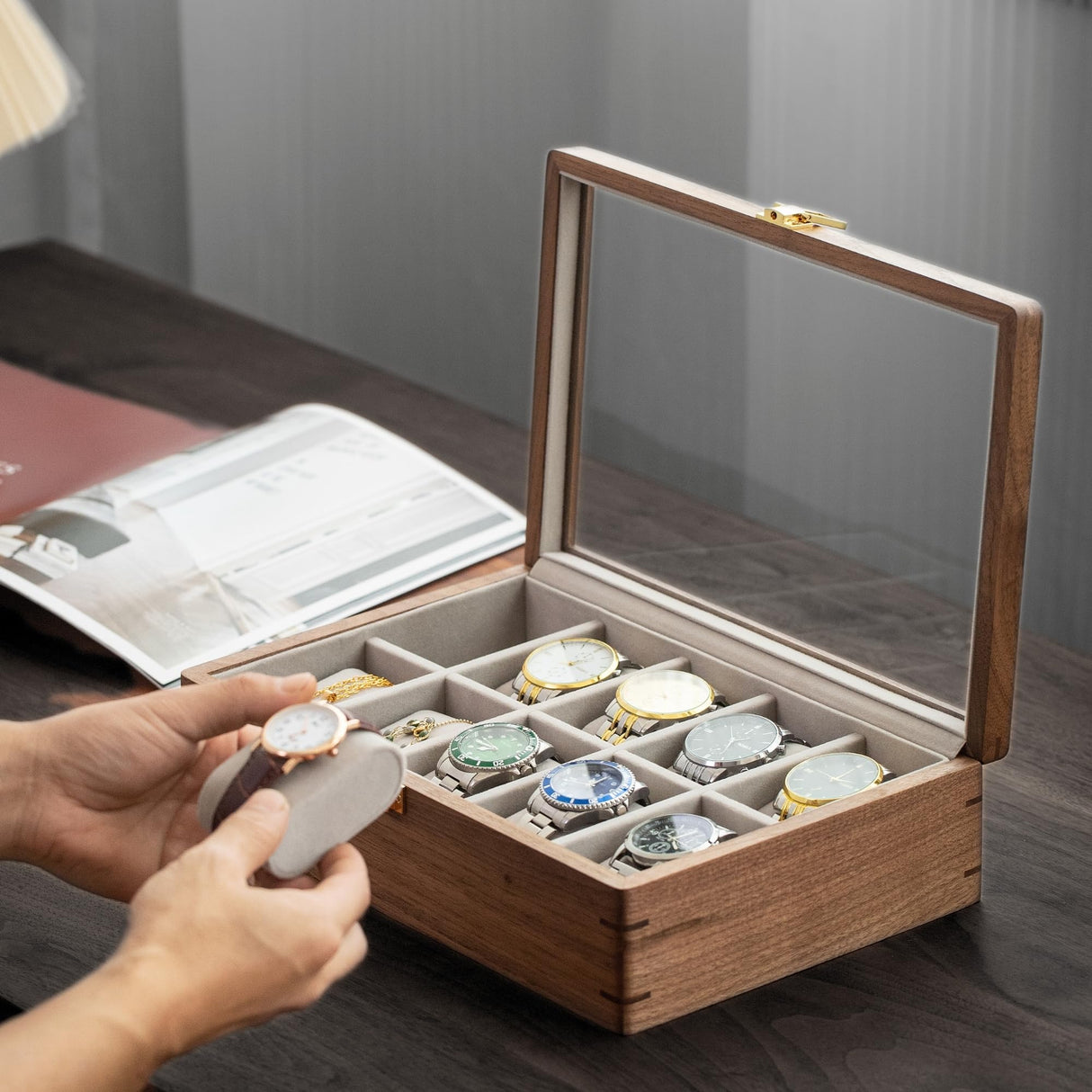 muso wood Watch Display Box, 10 Slot Watch Case for Men, Watch Organizer Box with Glass Lid, Watch Case with Removable Velvet Pillow, Father's Day Gift - 10 Slot, Walnut muso wood