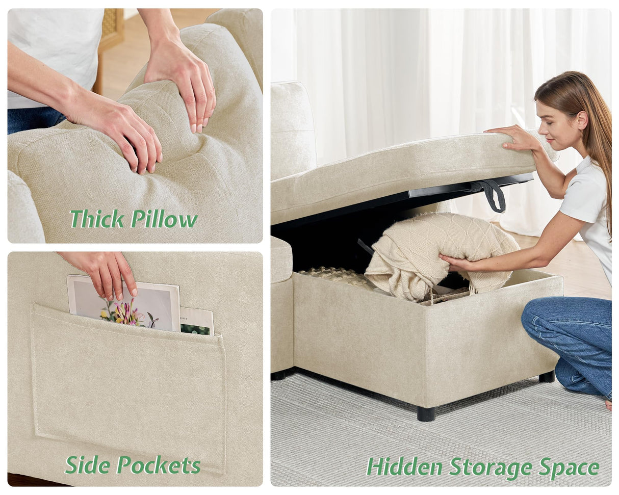 AMERLIFE Sleeper Sofa, 2-in-1 Sofa Bed with Storage Chaise, Pull Out Sofa Couch for Living Room, Guest Room, Linen Beige AMERLIFE