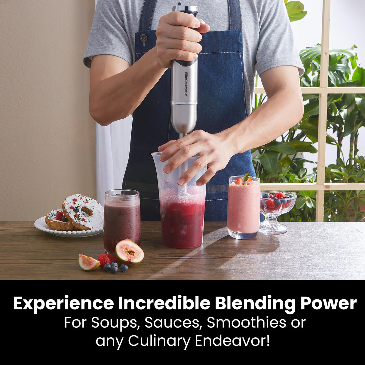 Elite Gourmet EHB1062 Variable Step-less Speed Immersion Hand Blender 500 Watts with Turbo, Stainless Steel Blades, Pressure Controlled Stick Mixer, Sauces, Soup, Smoothies, Baby Food, Stainless Steel Elite Gourmet