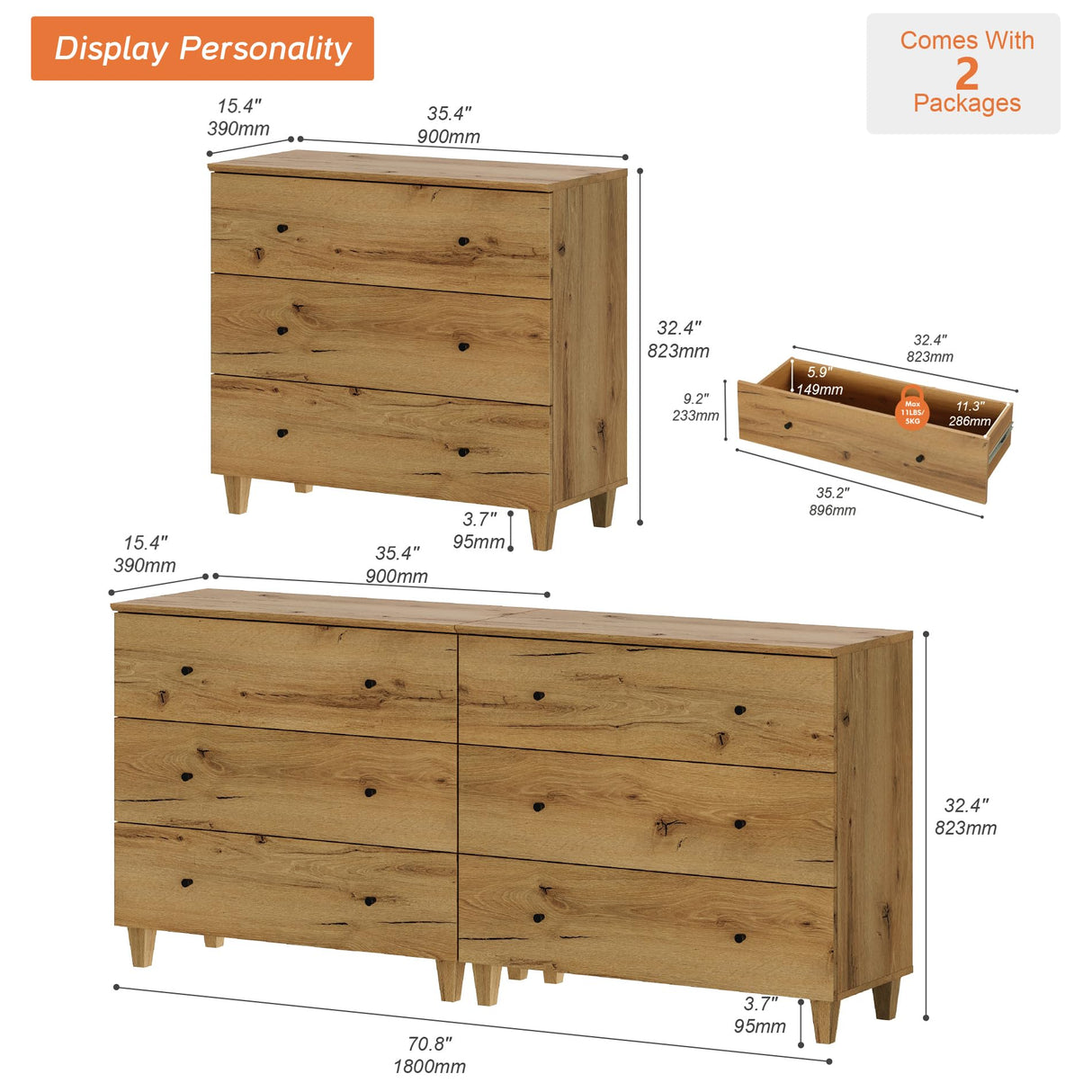 WAMPAT Dresser with 6 Drawers, Bedroom 70.8" Wide Wooden Chest of Drawers, Modern Dressers Closet Storage Organizer w/Solid Wood Legs for Living Room, Kids Room, Nursery, Oak Brown WAMPAT
