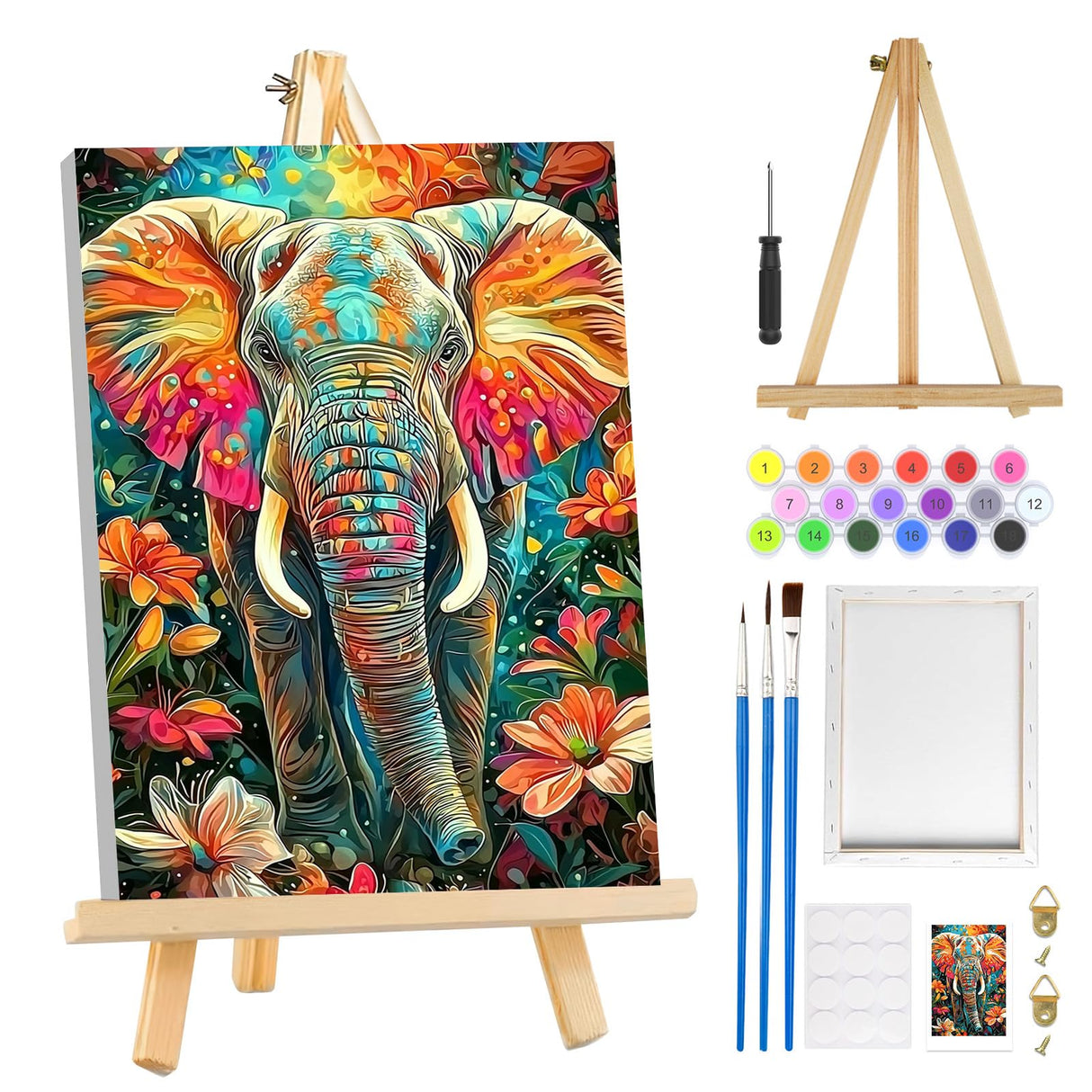 MOGTAA Elephant Paint by Numbers Kit for Adults Beginners with Frame, Flowers Adult Paint by Number Kits on Canvas with Easel, Easy DIY Aniaml Oil Painting Kits for Home Decor, 8x12in MOGTAA