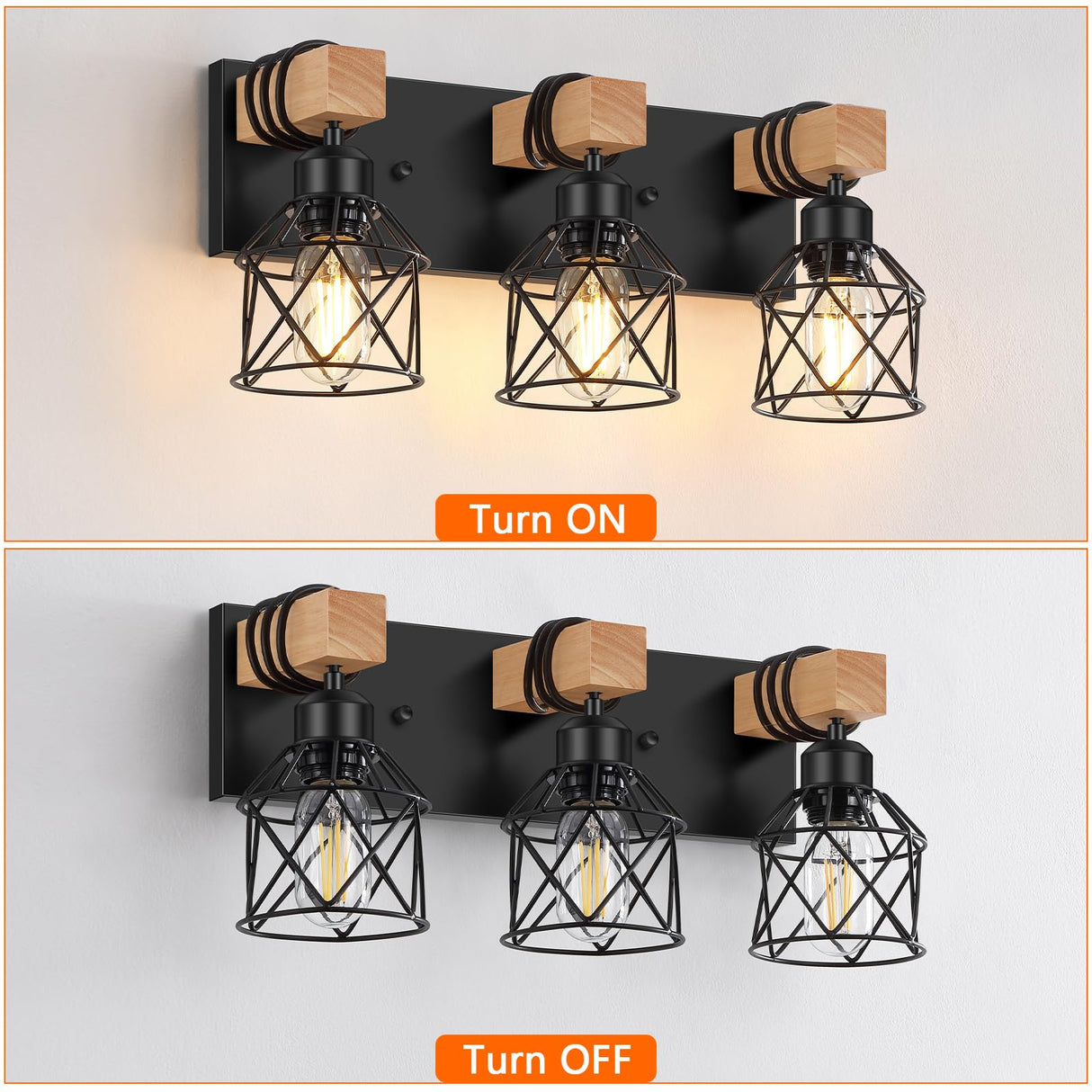 FadimiKoo 3-Light Farmhouse Vanity Light for Bathroom, Wood Bathroom Light Fixtures Over Mirror, Industrial Black Vanity Light with Metal Lampshade for Bedroom Hallway Living Room FadimiKoo
