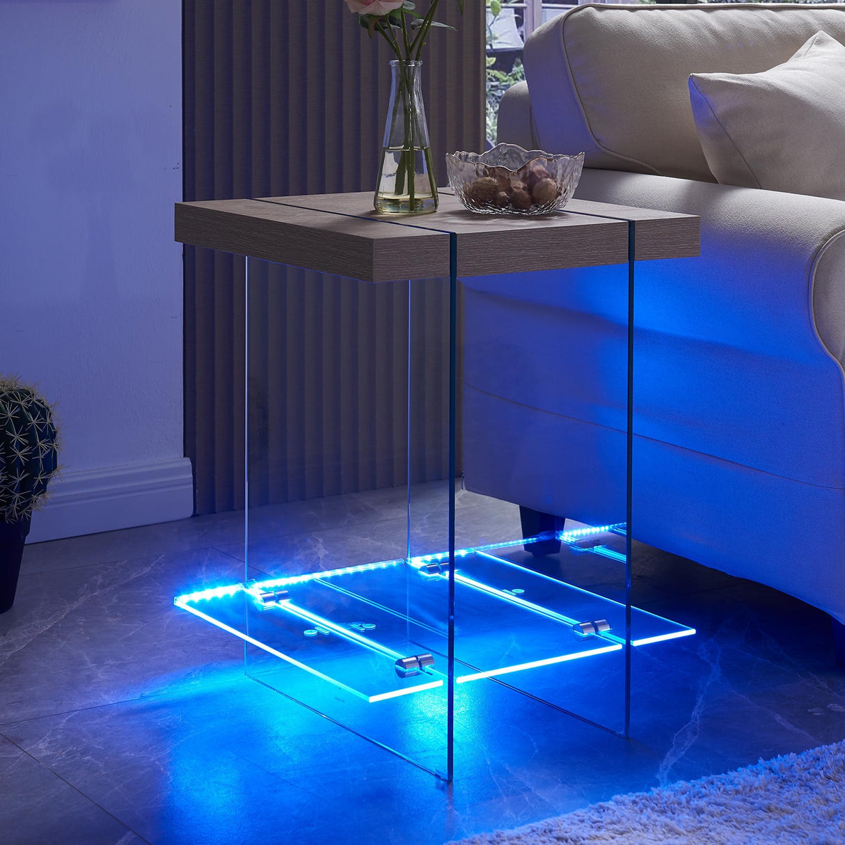 T4TREAM Morden End Table with RGB LED Lights, Tempered Glass and Wood Side Tables for Living Room, Nightstand with Storage Shelves for Bedroom, Natural Oak T4TREAM