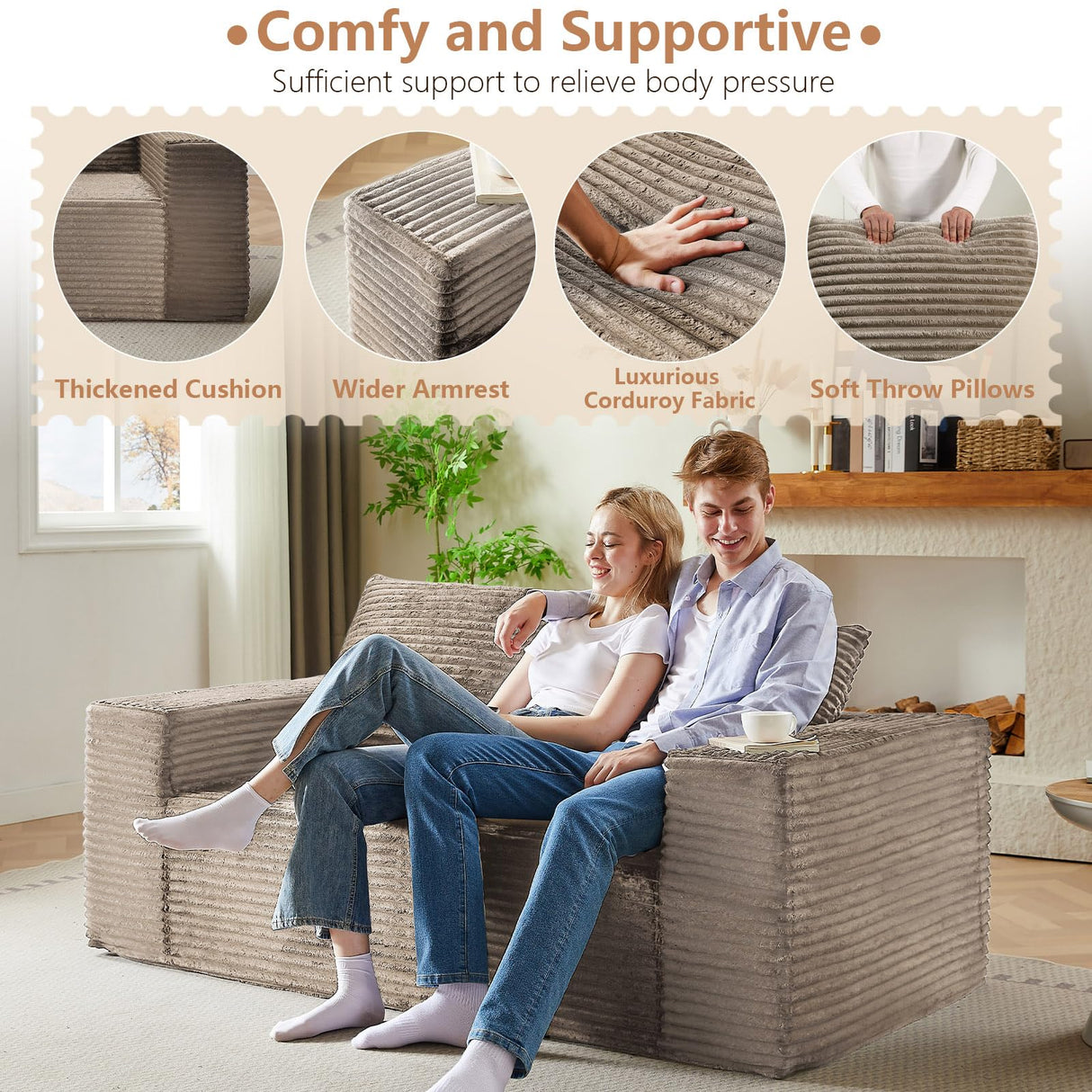 63" Boneless Couch Loveseat Sofa, Comfy Deep Seat Cloud Couch, Memory Foam, No Assembly Required Floor Sofa for Living Room, Bedroom, Apartment, Small Spaces, Corduroy, Camel Lakifun