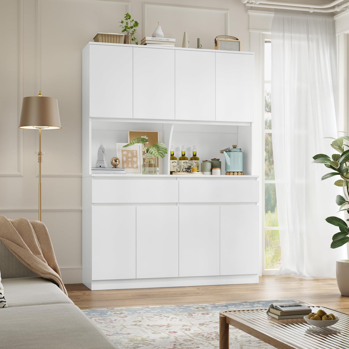 Large Hutch 75"H x 55"W Tall Kitchen Pantry with Doors and Drawers, LED Light Countertop Coffee Bar Buffet Adjustable Shelves in Storage Cabinet, Modern Freestanding Food Pantry Cupboard, White Keyluv