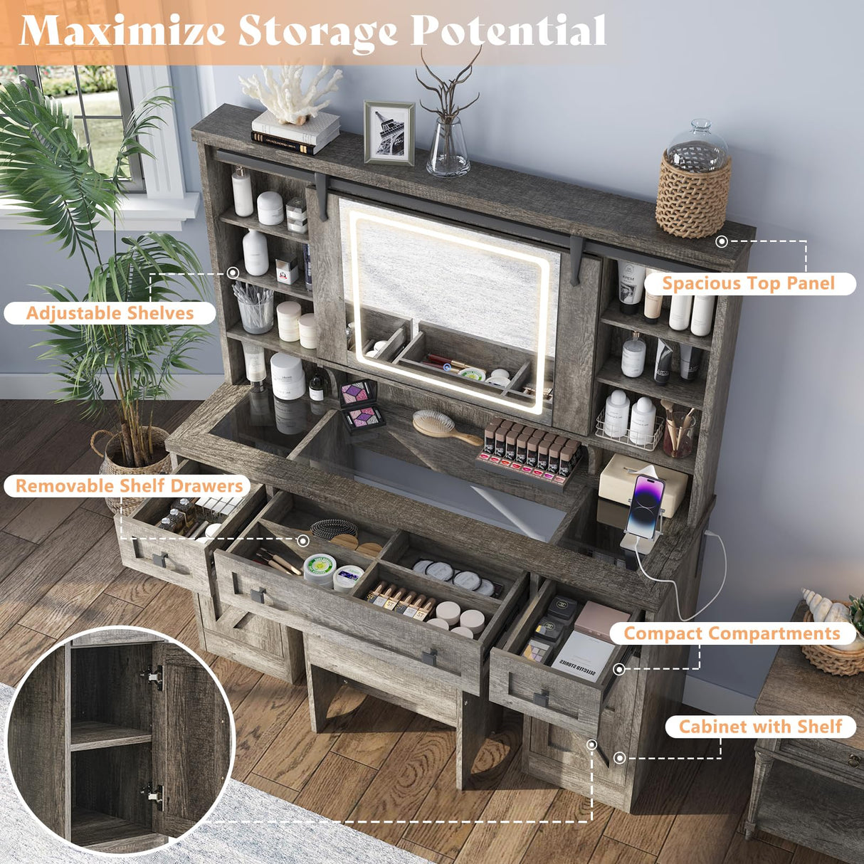 AMERLIFE 47.2" Farmhouse Vanity Desk with Mirror and Lights, Rustic Makeup Vanity Table with Charging Station, Vanity Set with Stool & Storage, LED Sliding Mirror & Glass Top, Dark Oak Finish AMERLIFE