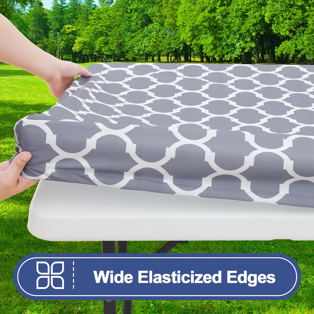 Smiry Rectangle Picnic Table Cloth 2 Pack, 6FT Waterproof Elastic Fitted Tablecloths, Washable Polyester Table Cover for Camping, Indoor and Outdoor (Grey Morocco, 30"x72") Smiry