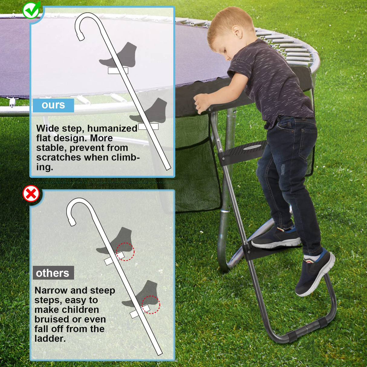 HBTower Trampoline Ladder, 2 Steps with Wide Steps, Trampoline Storage Bag, Universal Hook, 220 lbs Capacity Trampoline Accessories for Children Kids, Black HBTower