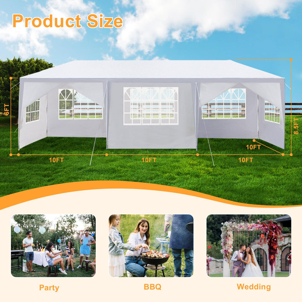 Outvita Outdoor Party Tent, Patio Canopy Tent Gazebo with Removable Sidewalls Instant Event Tent for Cater Events Wedding Birthday Pavilion Beach BBQ (10'x30') Outvita