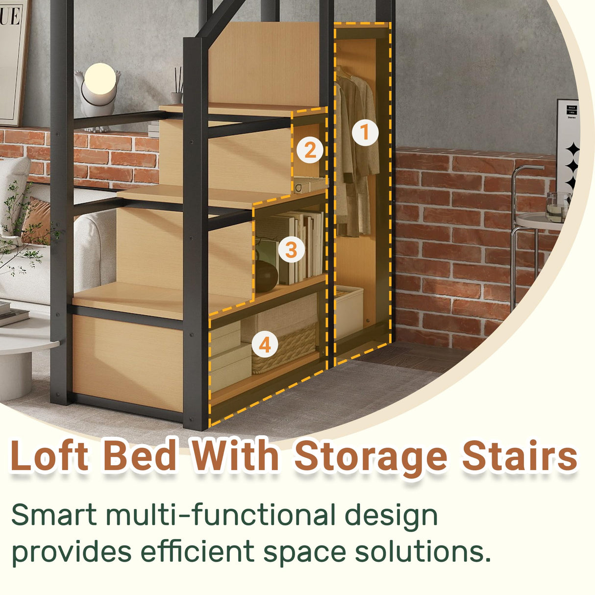 Aurnienofus Queen Size Loft Bed with Stairs and Storage, Metal Loft Bed Frame with Bedside Shelf and Large Under-Bed Space, Heavy-Duty Beds for Adults Teens and Kids, Black Aurnienofus