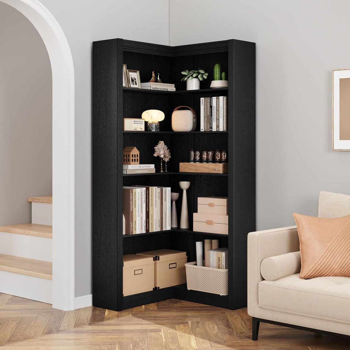 GarveeHome Corner Bookshelf Black, 71.8 in Black Corner Bookcase, L-Shaped Bookshelf Farmhouse Bookcase, 5 Tier Display Shelf Heavy Duty Bookcases, Bookshelves with Storage GarveeHome