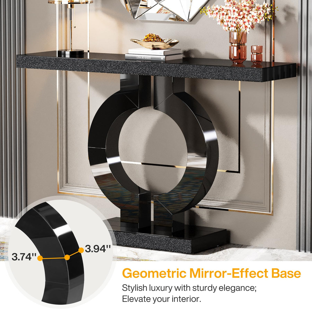 Tribesigns Modern Mirrored Console Table, Glass Sofa Table with Mirror Finish, 43-Inch Entryway Table with O-Shaped Base, Rectangular Accent Foyer Table for Living Room Hallway Entrance (Black) Tribesigns