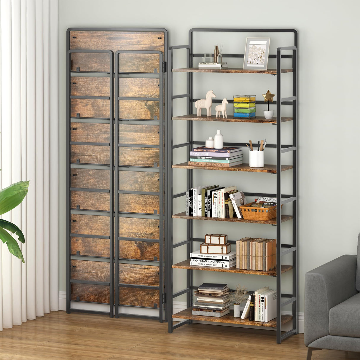 4NM No-Assembly 6 Tiers Folding Bookshelf Storage Shelves Vintage Bookcase Standing Racks Study Organizer Home Office (Rustic Brown and Black) 4NM