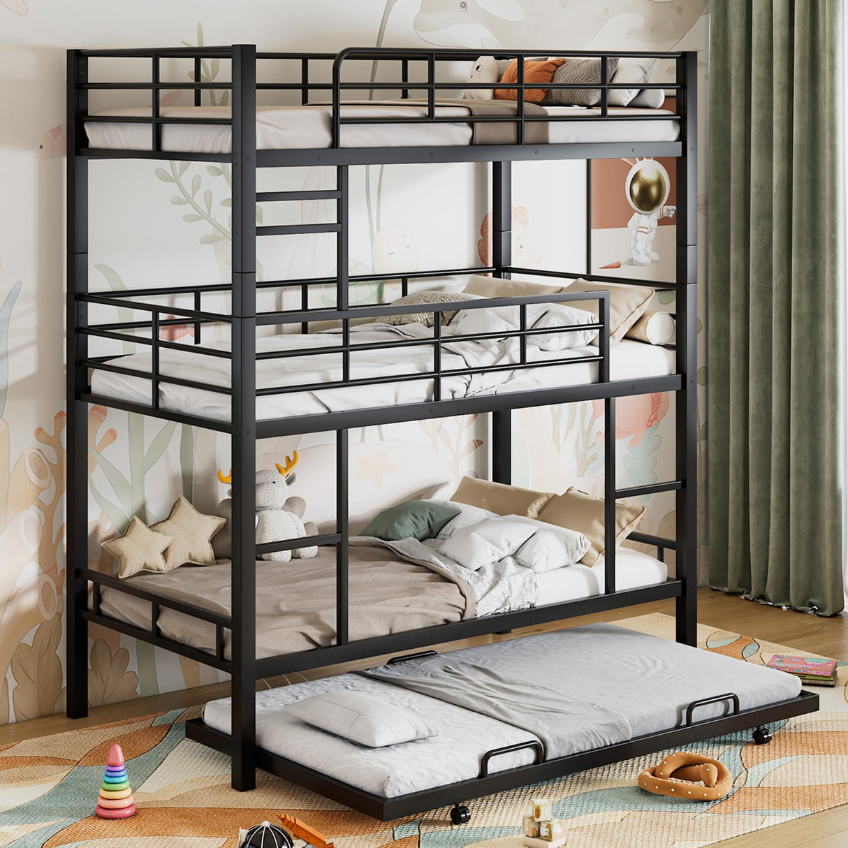 Heavy Duty Triple Bunk Bed Twin Over Twin Over Twin, 3 Bunk Bed with Trundle, Kids Bunk Bed with 2 Ladders and Guardrails, Triple Bunk Beds for Kids, Black Triple Bunk Bed Twin Size Bellemave