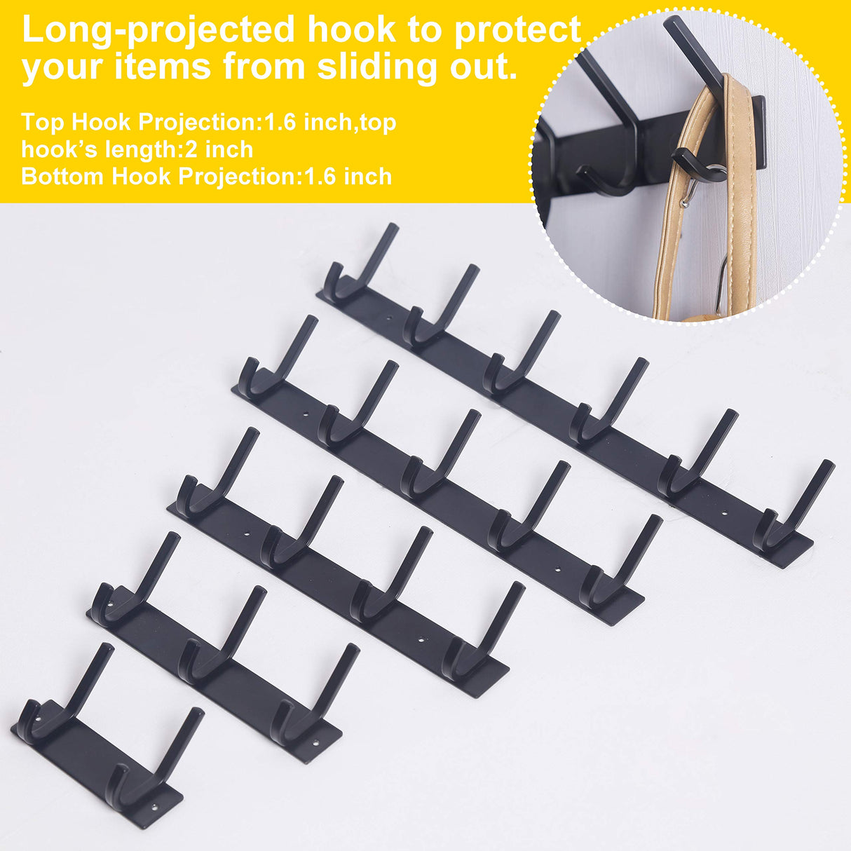 WEBI Coat Rack Wall Mounted,17-1/8 Inch Coat Hooks for Hanging Coats,Heavy Duty Metal Hook Rack Rail with 6 Double Dual Hooks Coat Hanger Wall Mount for Clothes Jacket,Black,2 Packs WEBI