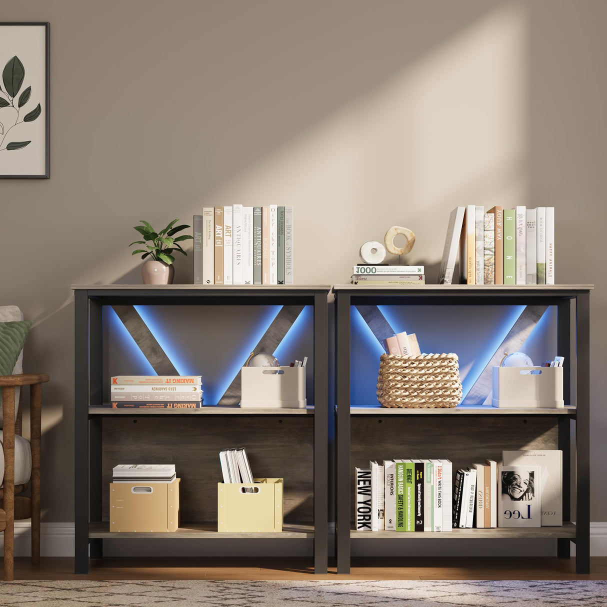 Book Shelf, 3 Tier Bookcase with smart LED light, Bookshelf with Open Display Shelves for Books, Garage Kit, CDs, Movies, Wood and Metal Corner Storage Organizer for Bedroom Home Office Kitchen Living RONIPIC