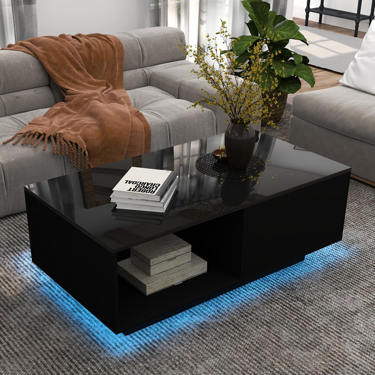 LED Black Coffee Table for Living Room with Drawer & 16 Colors Lights, 43.3IN High Gloss Modern Coffee Table with Storage Space, Rectangle Side Central Table COSVALVE