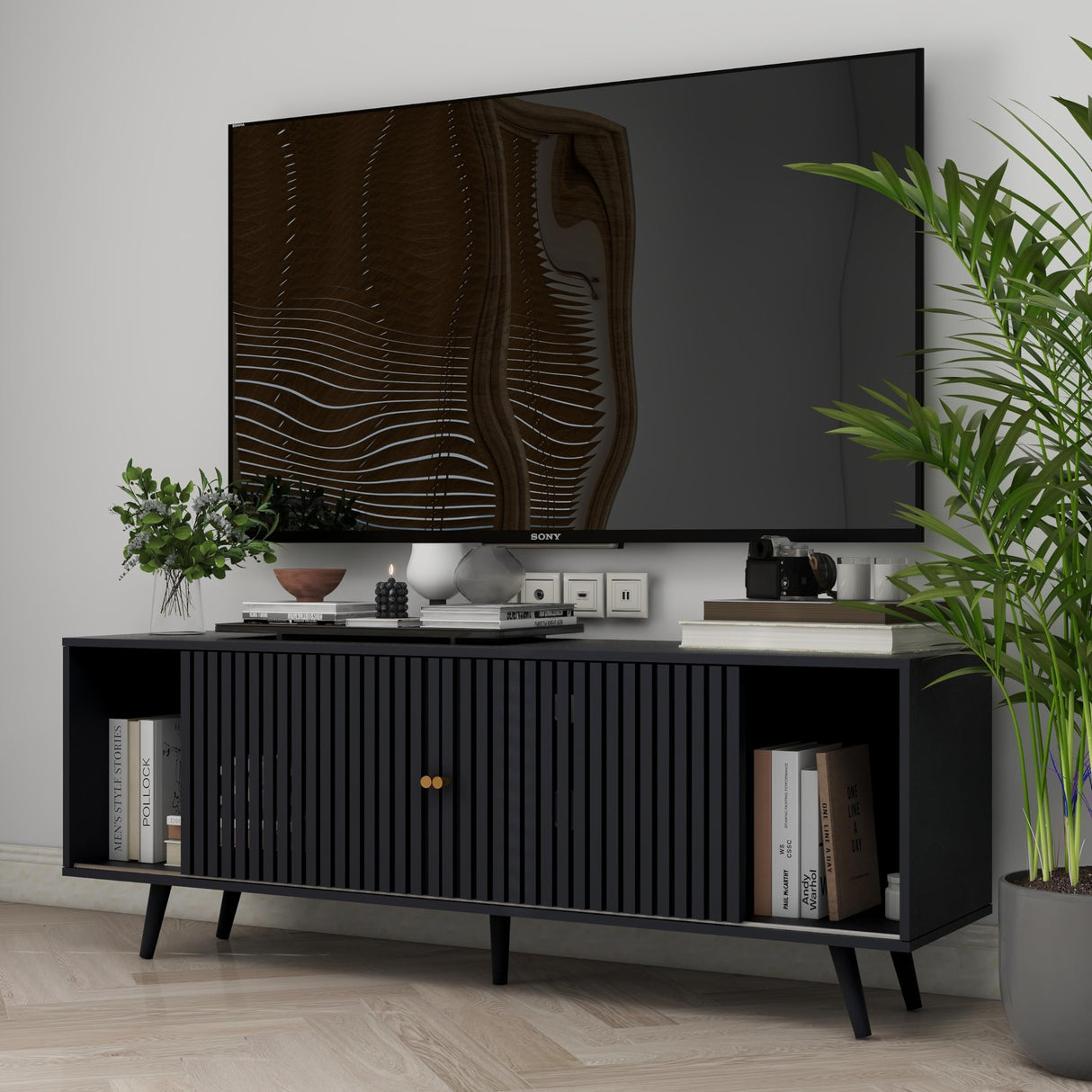 Fsbecl TV Stand for TVs up to 70'',Mid Century Modern TV Stand, with Sliding Doors and Open Shelf, Entertainment Center with Storage,Television Stands,Media Console for Living Room,Black Fsbecl