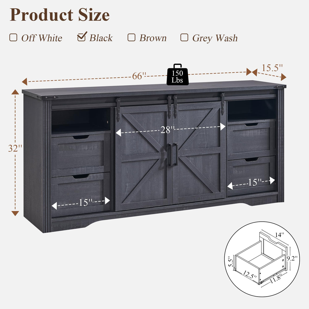 JXQTLINGMU Farmhouse TV Stand for 75+ Inch TV, 32" Tall Entertainment Center w/4 Drawers & Sliding Barn Door, Rustic Media Console w/Storage Shelves, 66" Wood Television Stand for Living Room, Black JXQTLINGMU