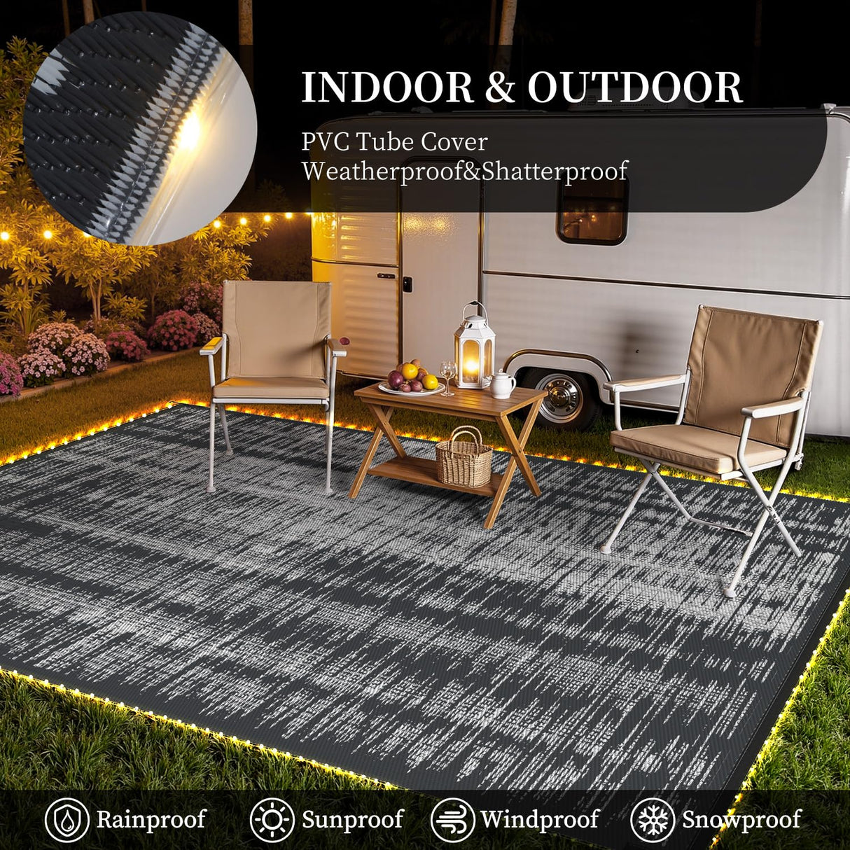 MontVoo Outdoor Rug Waterproof 9x12 ft with Strip Lights Outdoor Patio Rug Mat Reversible Plastic Straw Rug Outside Outdoor Rug for RV Camping Picnic Balcony Backyard MontVoo
