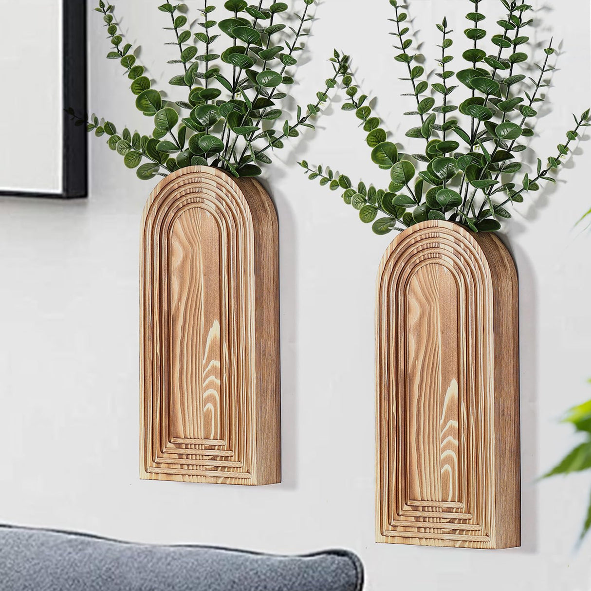 Dnnnii 2 Pack Wooden Wall Vase Set - Brown Finish Modern Farmhouse & Boho Wall Decor for Entryway, Hallway, Bathroom, Living Room, Dining Room, Narrow Spaces Dnnnii