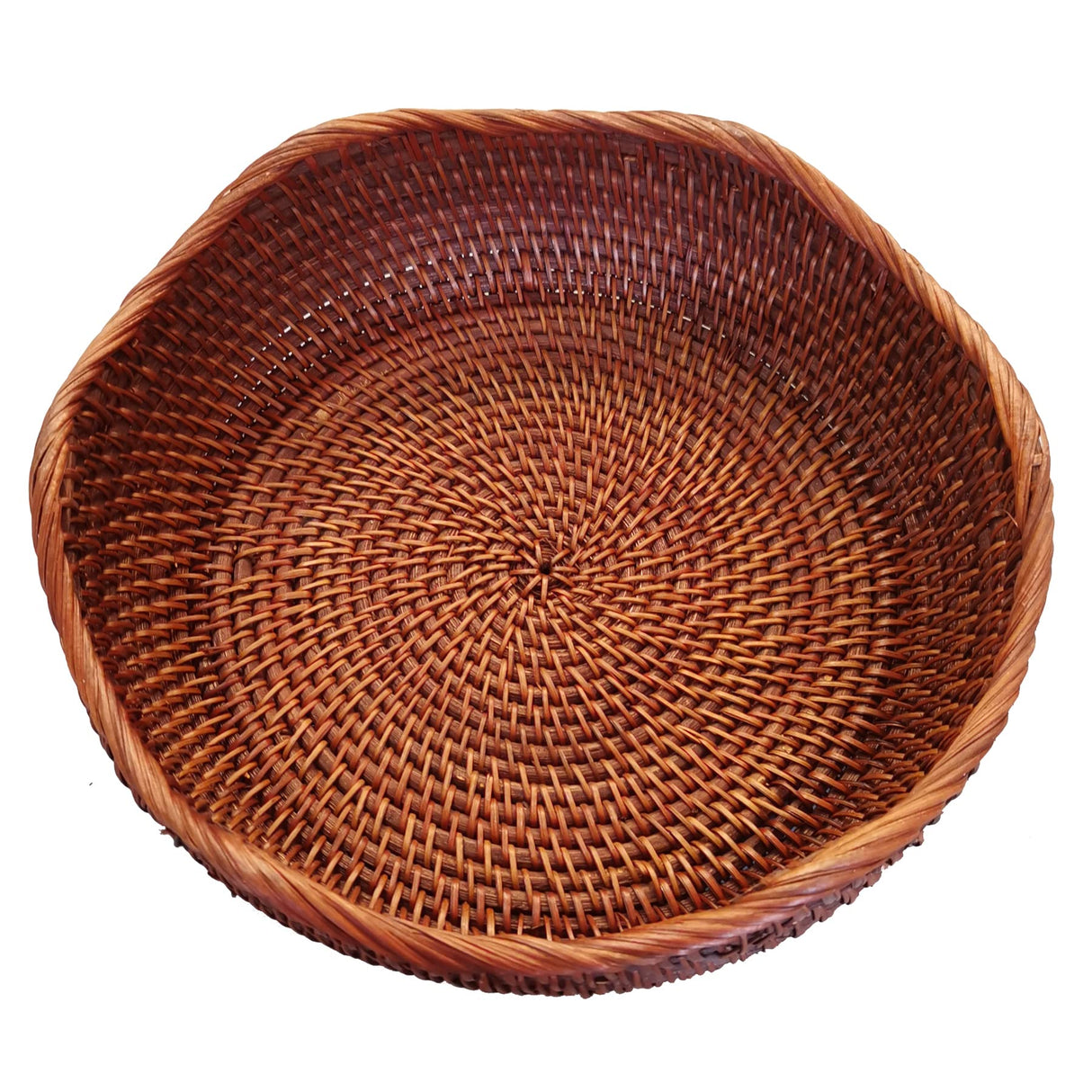 AMOLOLO Handmade Rattan Round Fruit Basket Food Storage Bowls Kitchen Organizer Snack Serving Bowl 10 Inch Wavy Edge Circle Tray Basket with 3” Deep Wall, Dark Brown Décor Display Tray Bowl, M amololo