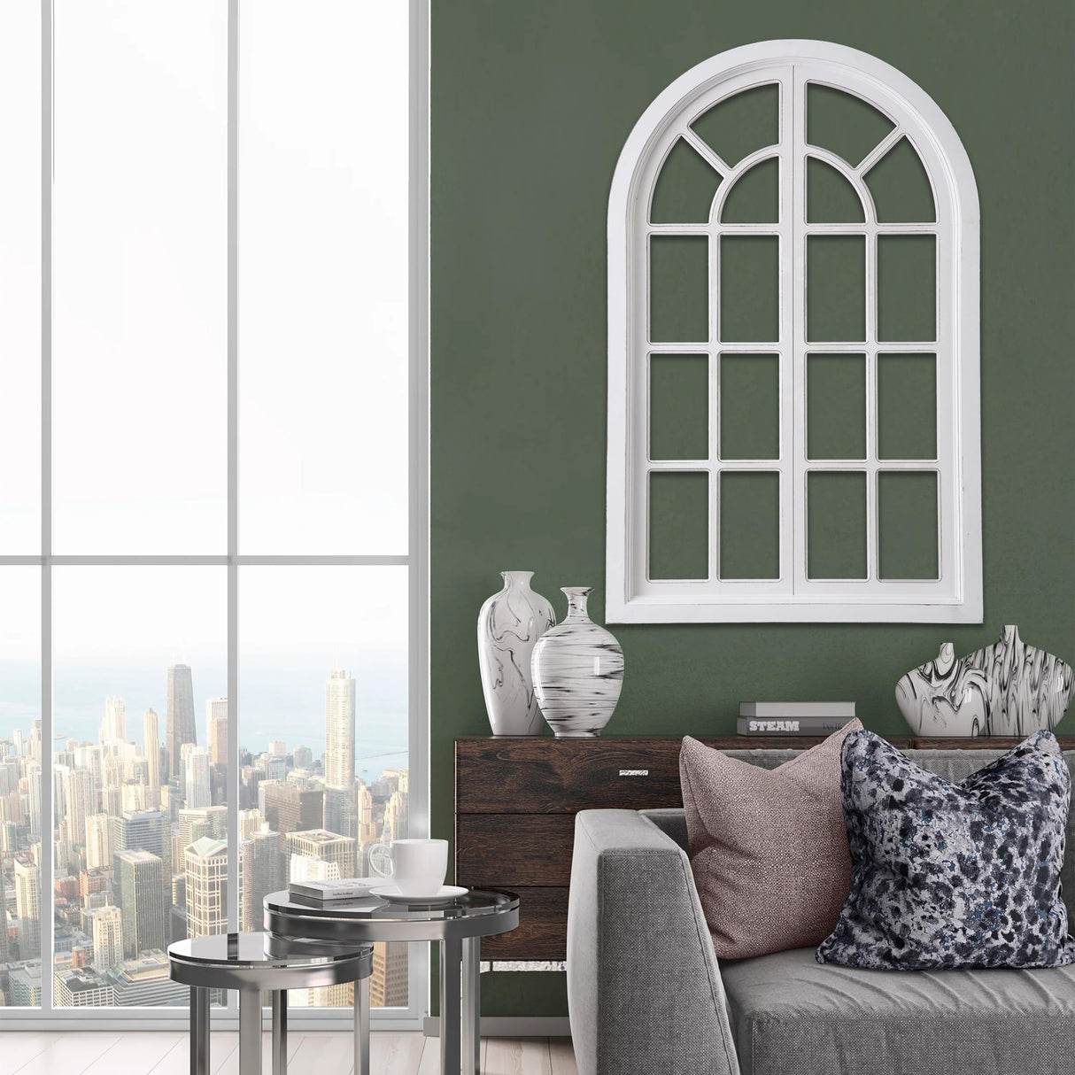 Sintosin Rustic Arched Window Frame Wall Decor 42 X 26 Inch, Hanging Distressed White Large Wooden Cathedral Window Pane for Wall Decor, Handmade Farmhouse Wall Decor for Living Room Bedroom Hallway Sintosin