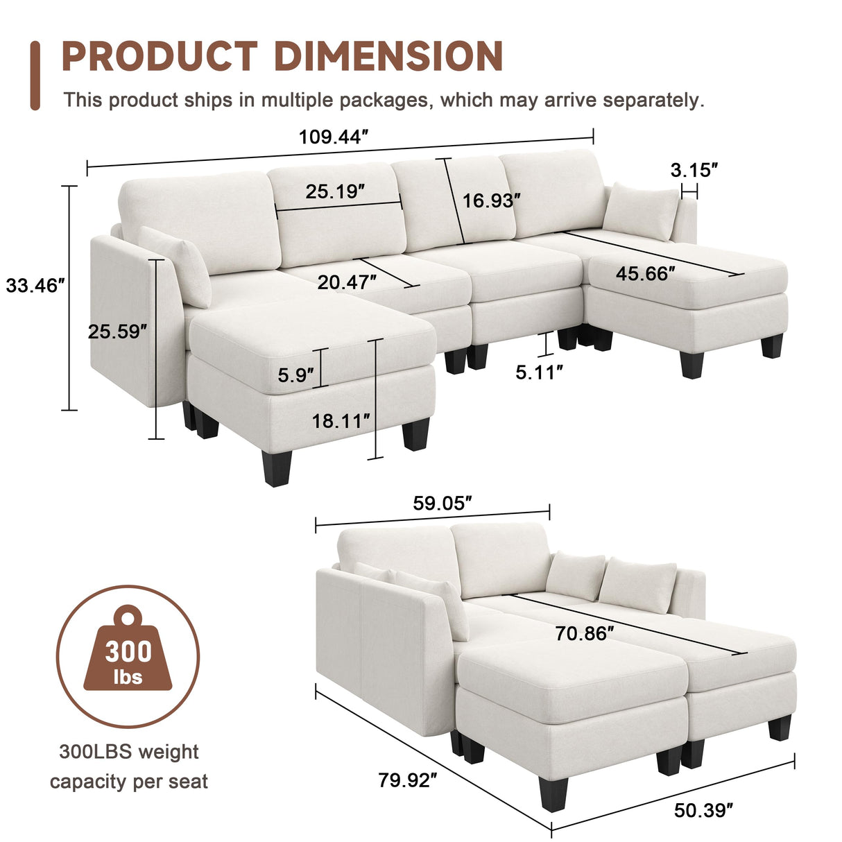 Huatean Home Modular Sectional Sofa, Convertible U Shaped Sofa Couch with High Density Memory Foam, 6 Seat Comfy Modular Sofa Couch for Living Room, Modern U Shaped Sectional Sofa, Ivory Beige Huatean Home