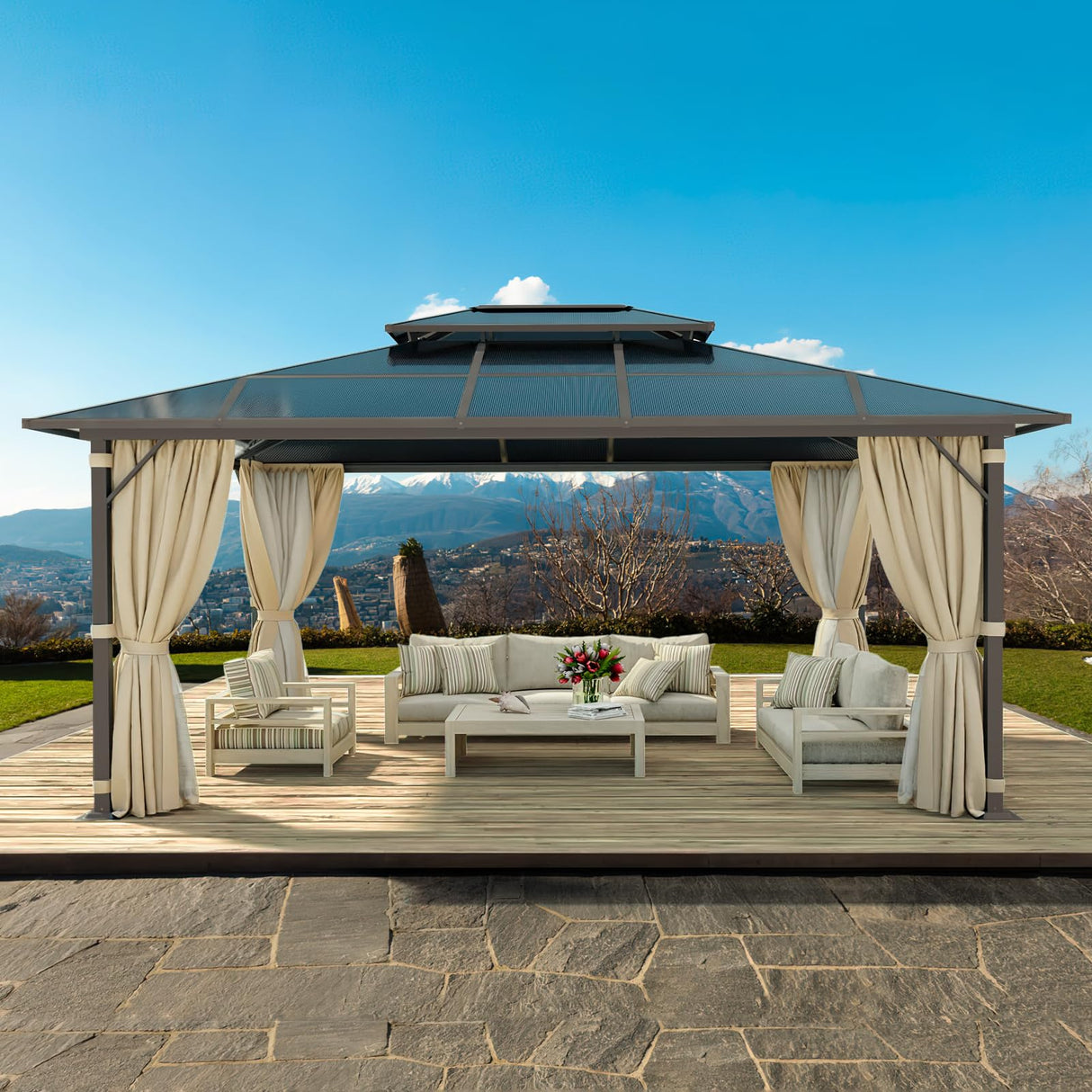 Aoxun 10'x12' Hardtop Gazebo, Outdoor Polycarbonate Double Roof Gazebo with Aluminum Frame Permanent Pavilion and Curtains & Netting for Backyard, Patio, Deck, Parties (Brown) Aoxun