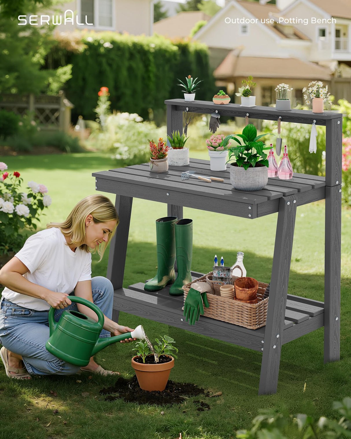 SERWALL Potting Bench Outdoor with Storage, 3-Tier HDPE Gardening Table with Angled Legs & Tool Hooks, All-Weather Heavy Duty Potting Table for Patio, Backyard, Garden, Gray SERWALL