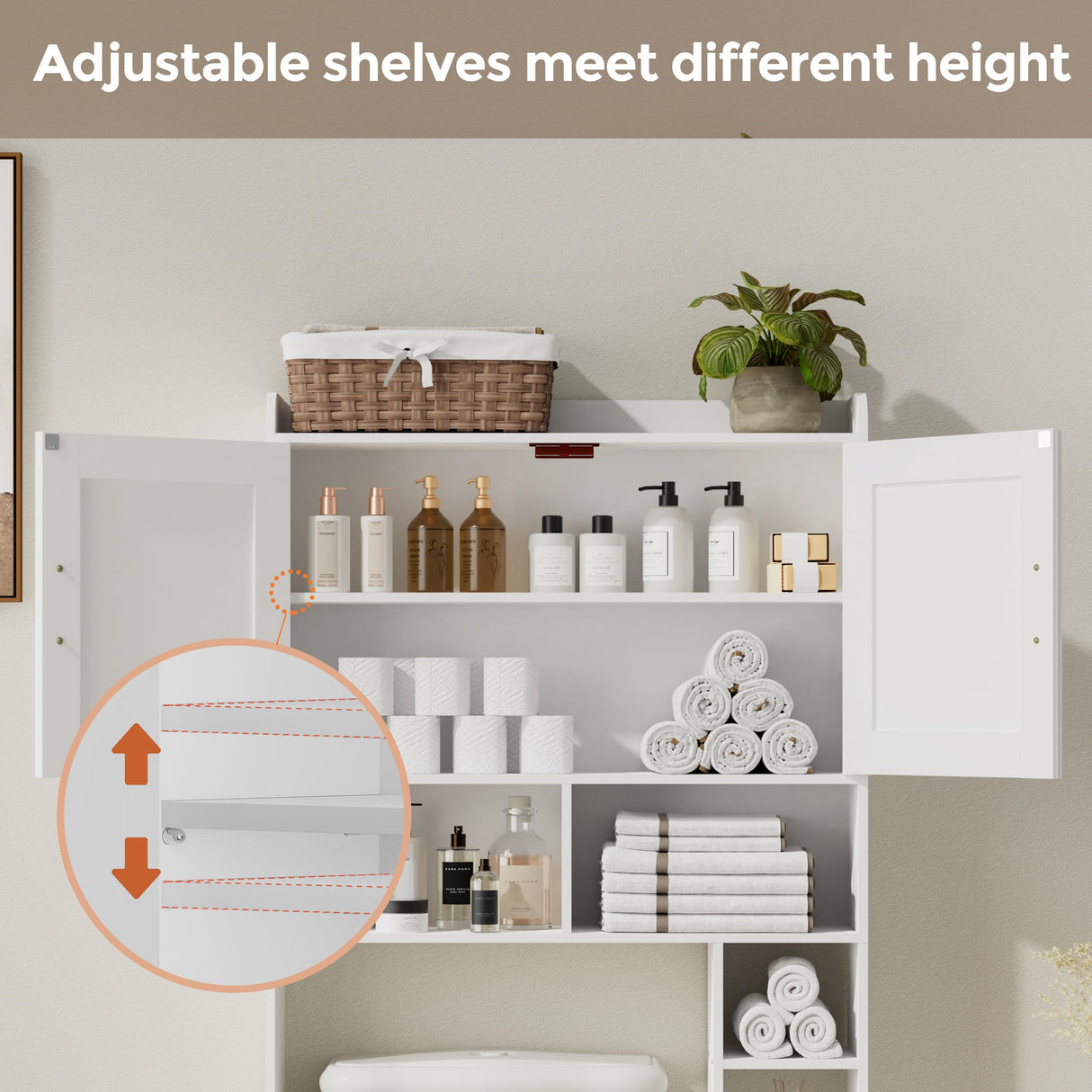 Homhedy Over The Toilet Storage Cabinet with 2 Barn Door and Toilet Paper Holder Stand, FreeStanding Toilet Shelf Space Saver, for Bathroom, Restroom, Laundry, White Homhedy