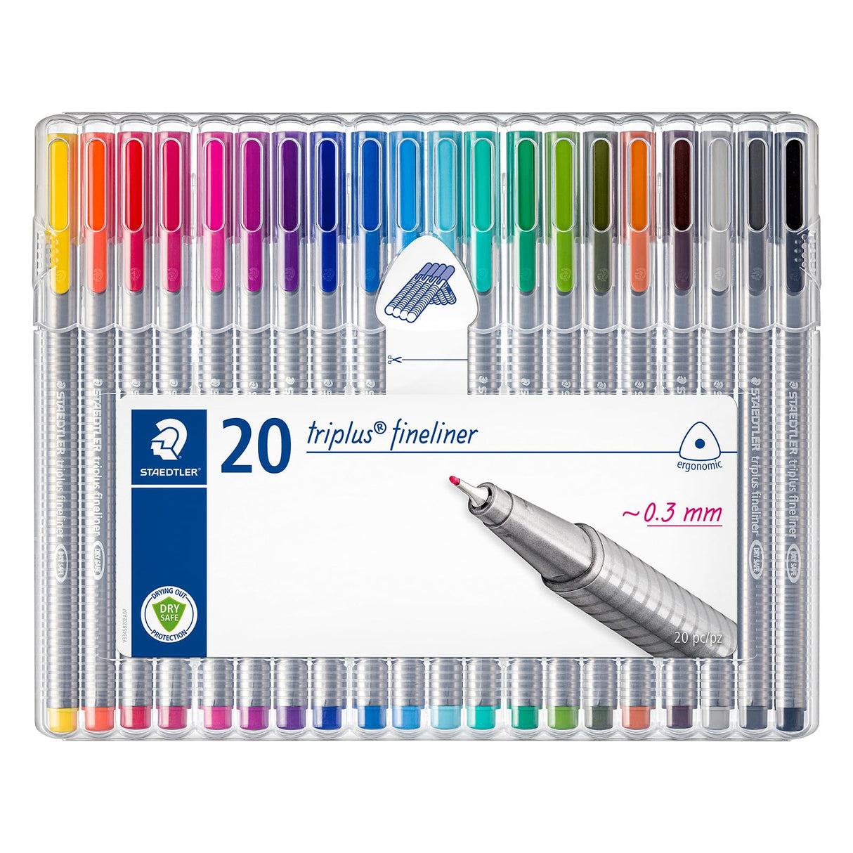 STAEDTLER Triplus Fineliner Pens Set (20 Pack) - 20 Vibrant Colors, 0.3mm Metal-Clad Tip, Ergonomic Triangular Barrel, Standing Easel Case STAEDTLER