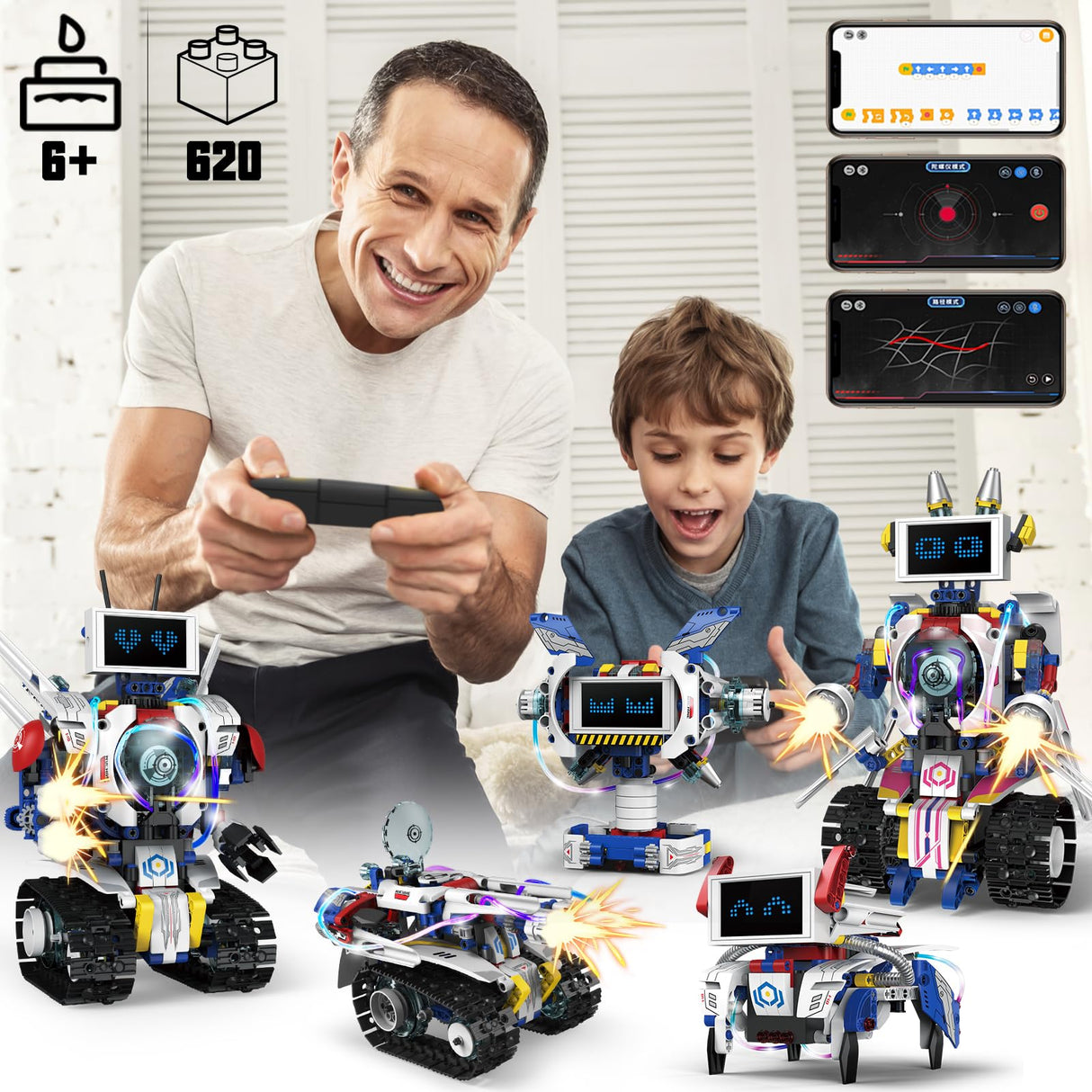 VOPOGLNE 5 in 1 STEM Robot Building Kit, APP & Remote Control Screen Building Toys, Eye Coding Robots Rechargeable, 620Pcs DIY Super Warriors for Kids Learning, Boys Girls Birthday Gifts VOPOGLNE