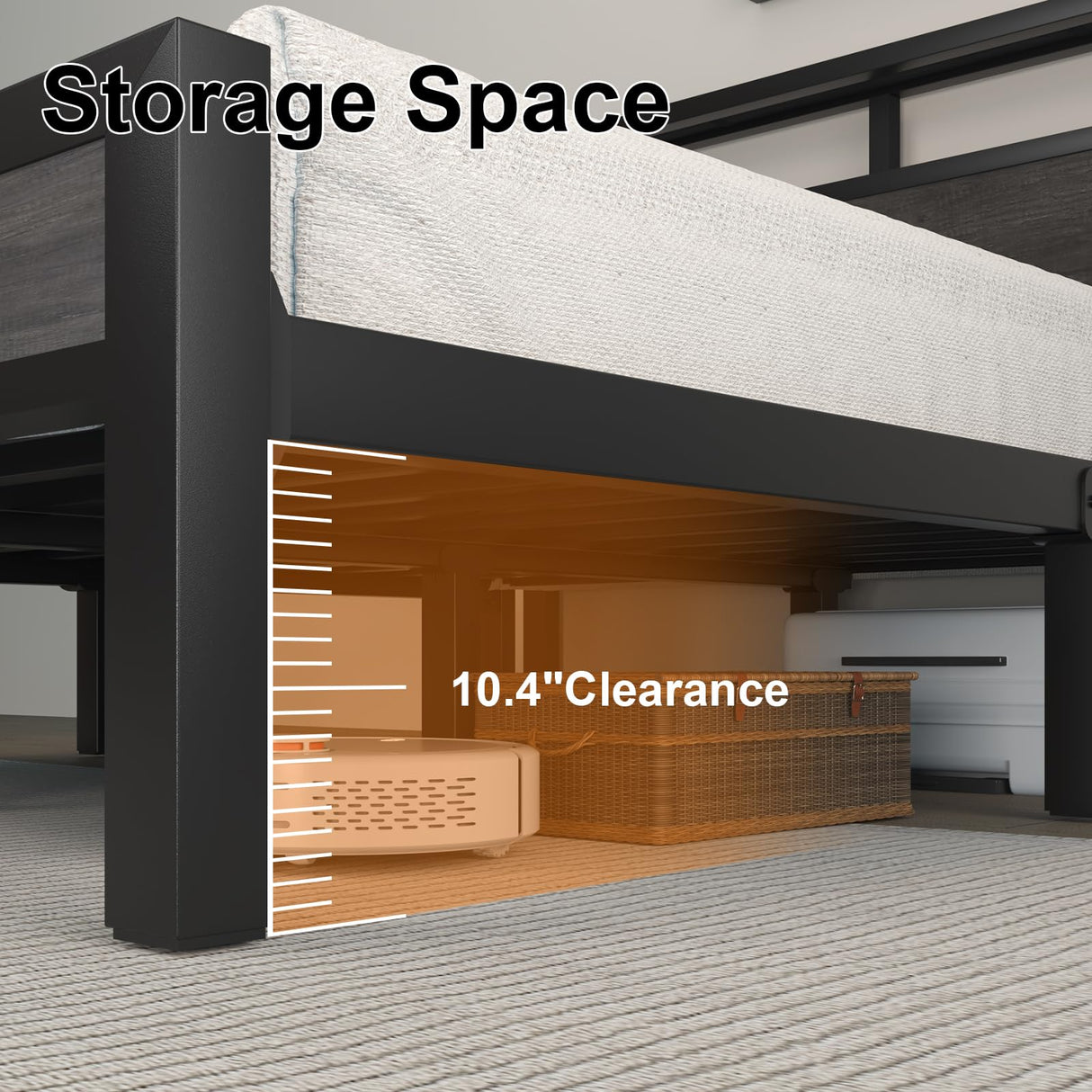 LOEWAY Queen Size Bed Frame with LED Lights and Charging Station, Industrial Platform Bed with Storage Headboard, Heavy Duty Metal Slats, No Box Spring Need, Noise Free, Grey LOEWAY