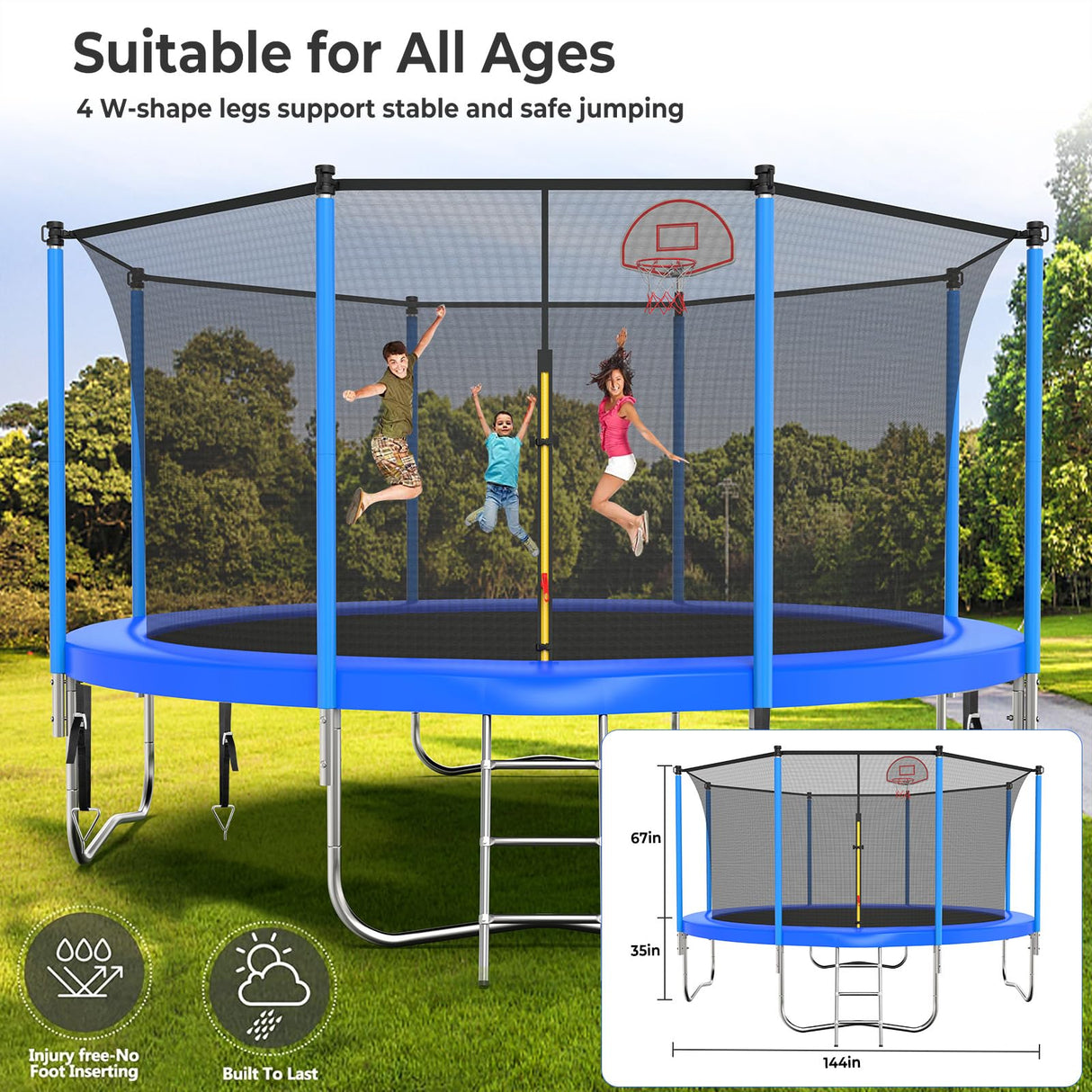 Lyromix Upgraded 12FT Trampoline for Kids and Adults, Large Outdoor Trampoline with Stakes, Light, Sprinkler, Basketball Hoop and Net, Capacity for 4-6 Kids and Adults Lyromix