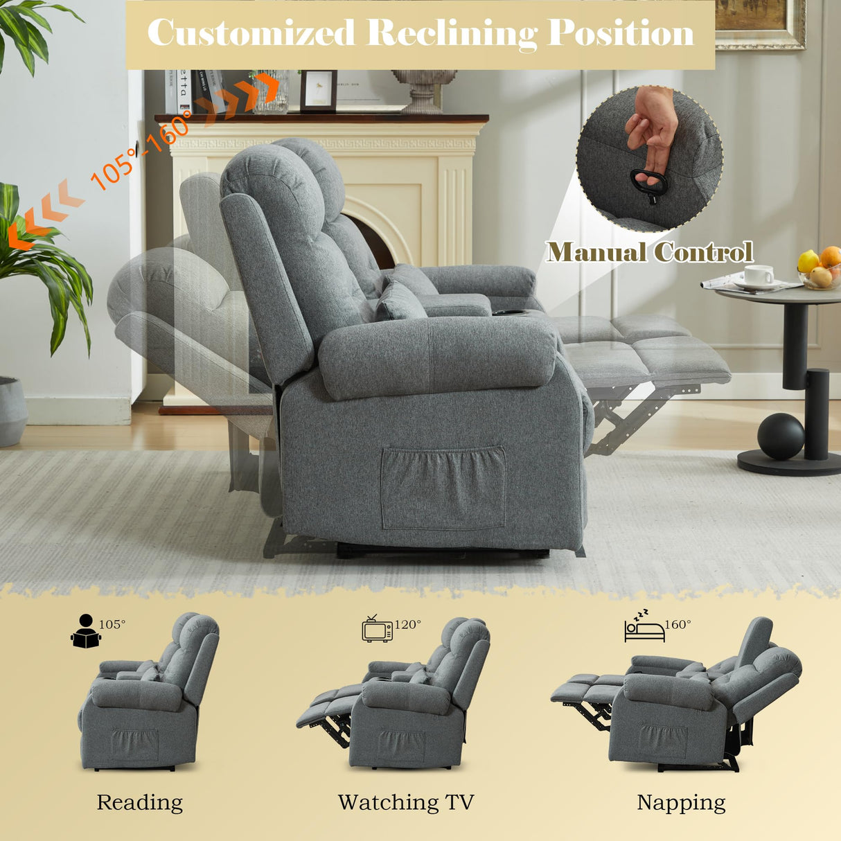 DRMBOOK RV Loveseat Recliner Sofa with Console, Linen Fabric Double Wall Hugger Reclining Couch Manual Home Movie Seating 2 Person Recliner Chair with Cup Holders/Storage/Pocket/Lumbar Pillow, Grey DRMBOOK