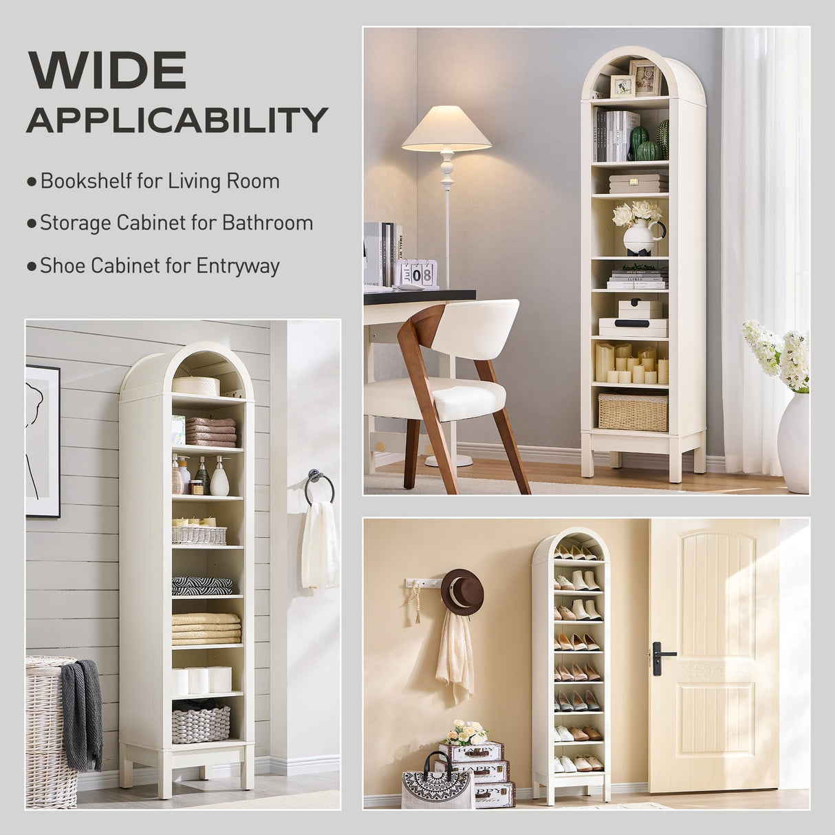 IFGET 71" Tall Arched Bookshelf, 8 Tiers Arch Bookcase with Storage, Modern Farmhouse Book Shelf with Adjustable Shelves, Wood Bookshelf w/Open Display Shelves for Living Room, Office (Antique White) IFGET