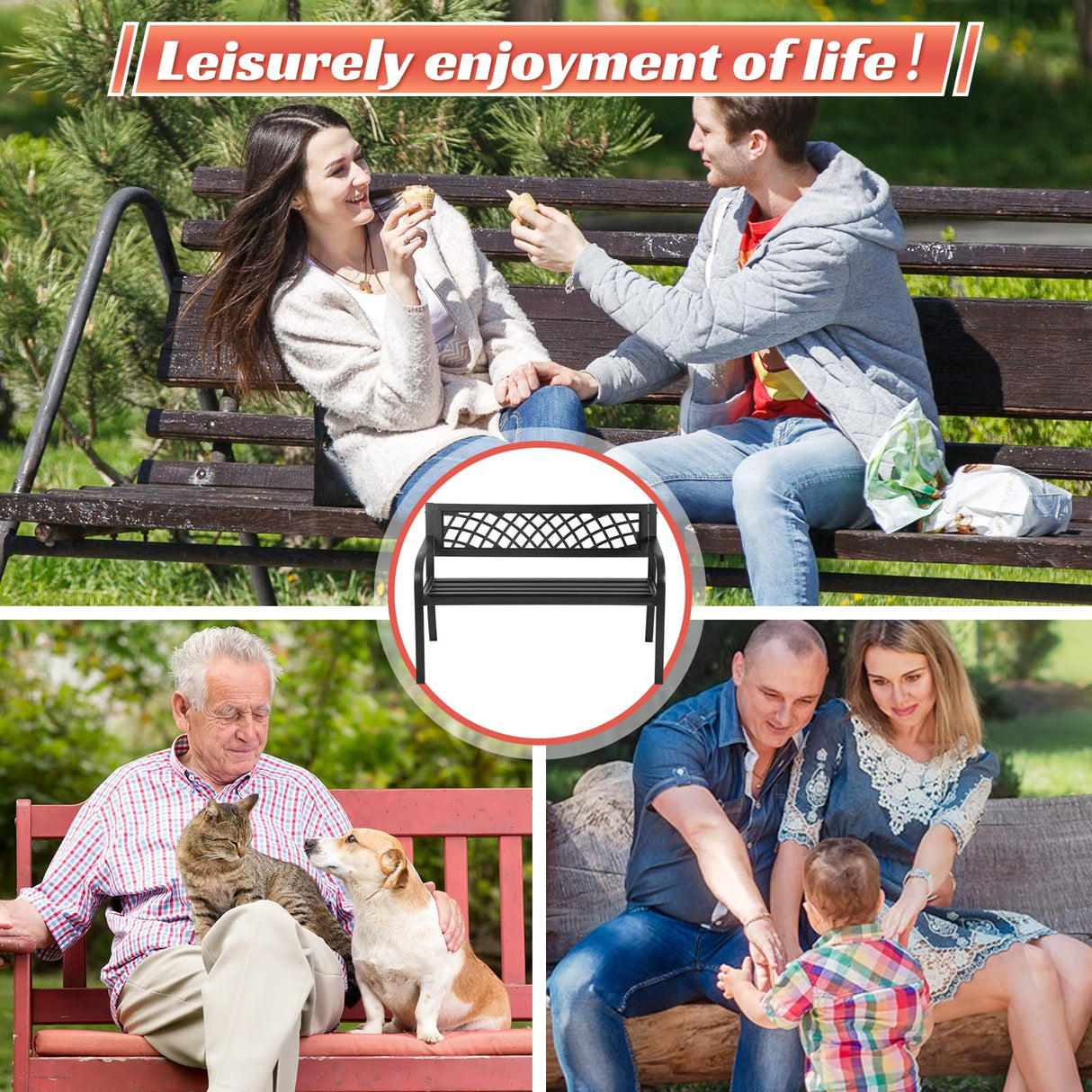 Garden Bench Patio Bench Outdoor Park Bench Metal Outside Porch Chair Seat Cast Iron Steel Frame Sturdy Bench Patio Furniture for Yard Porch Entryway Lawn Decor Deck, Black, 46 in HGS