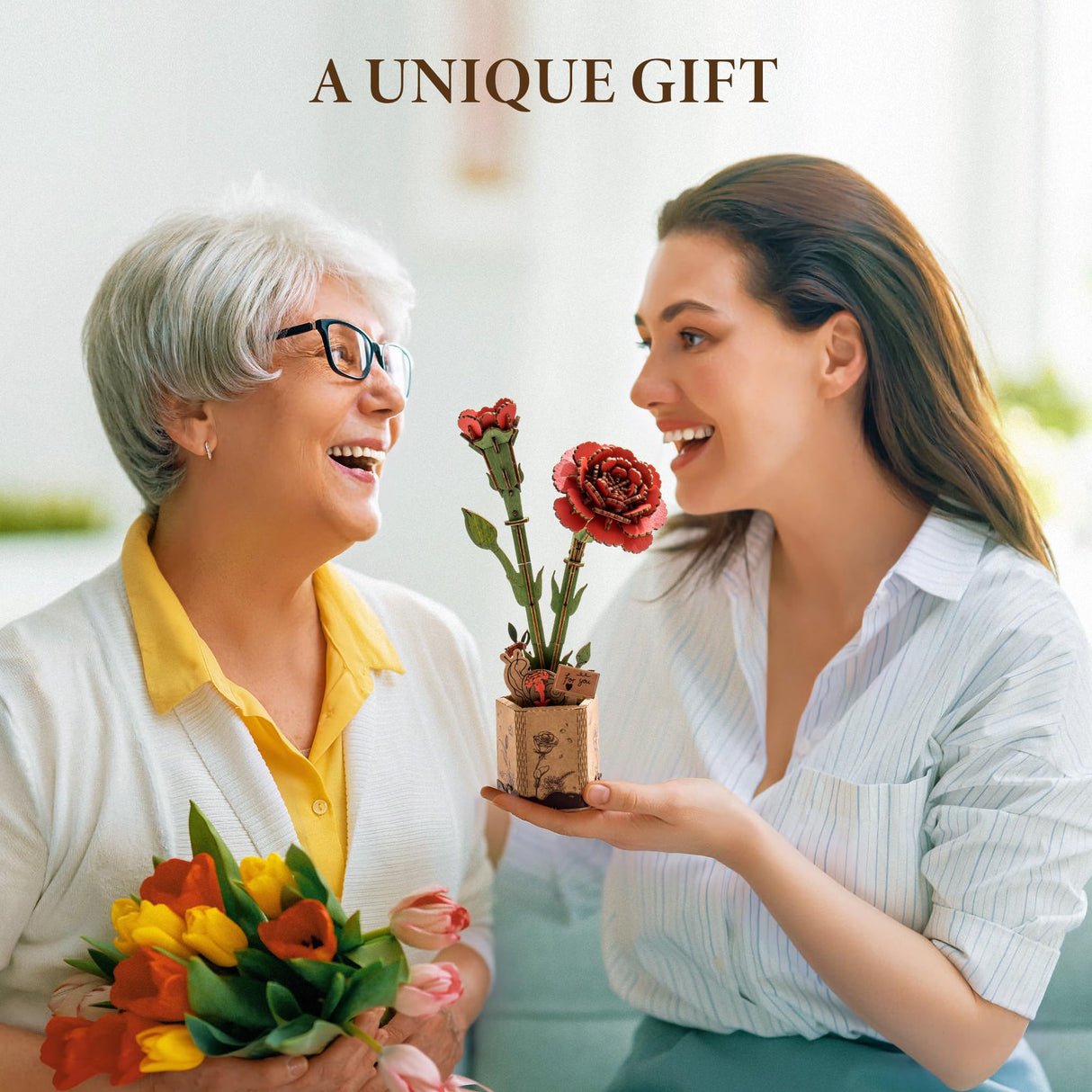 ROBOTIME 3D Puzzles Wooden Artifical Flower Red Carnation DIY Model Building Kit to Build for Adults Bouquet Botanical Collection Craft Brain Teaser Puzzle Creative Gift Home Decor ROBOTIME