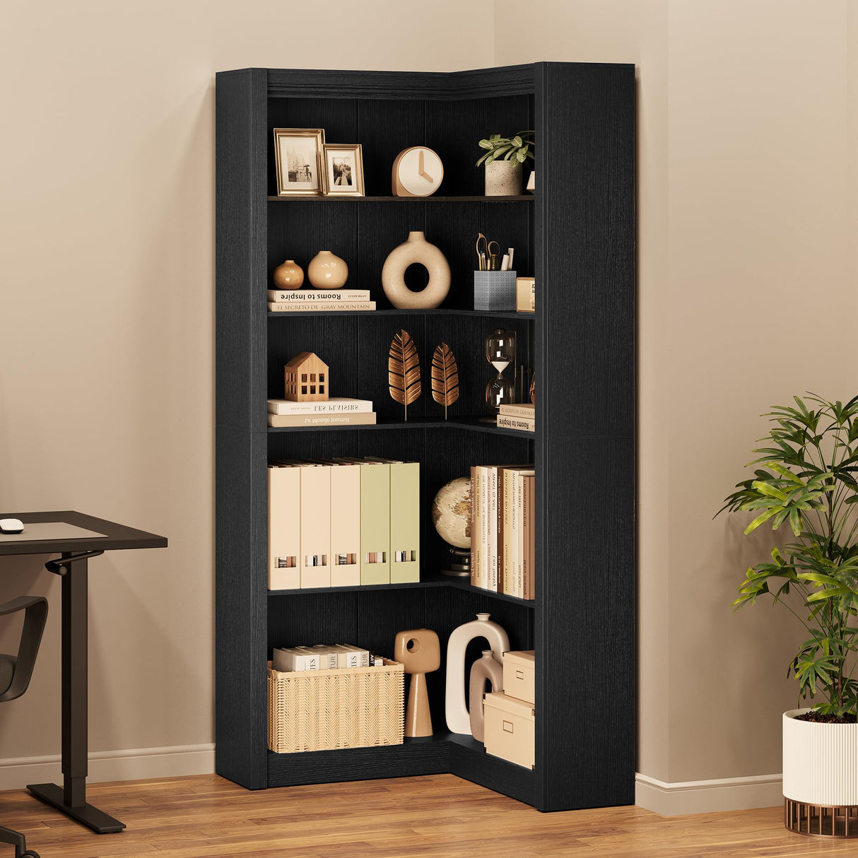 GarveeHome Corner Bookshelf Black, 71.8 in Black Corner Bookcase, L-Shaped Bookshelf Farmhouse Bookcase, 5 Tier Display Shelf Heavy Duty Bookcases, Bookshelves with Storage GarveeHome