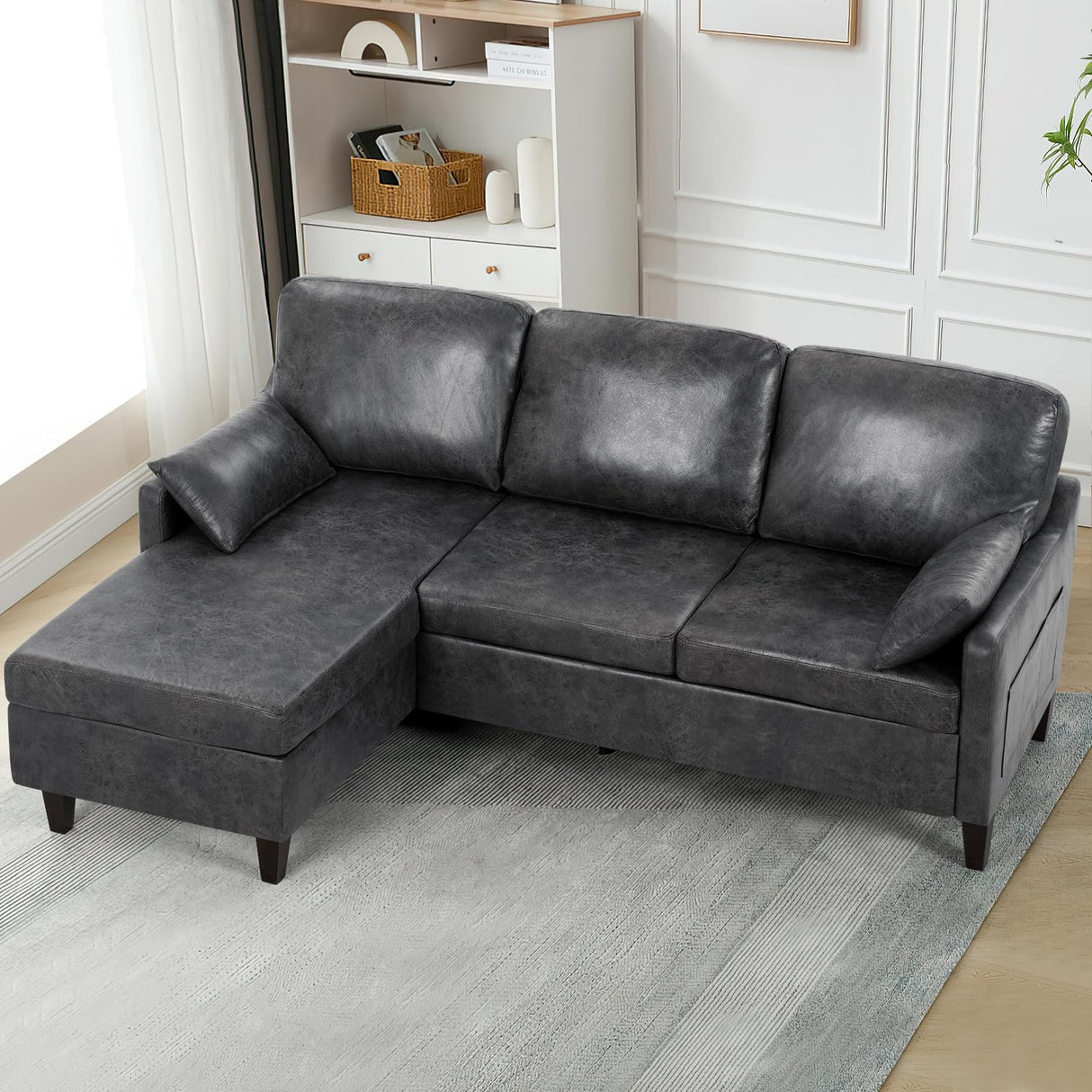 ACMEASE 76" Sectional Sofa Couch with Reversible Chaise, Suede Leather L Shaped Sofa w/USB Charger Ports & Storage Bag, Convertible Modern Couch w/Storage Space for Living Room, Small Space, Grey ACMEASE