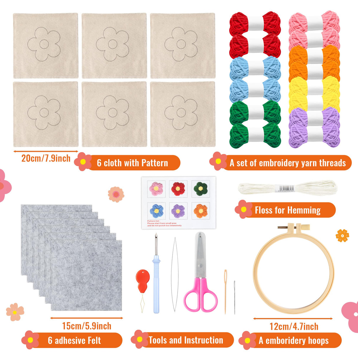 WATINC Flower Punch Needle Coaster Kit - 22Pcs Crafts Punch Needle Coasters Kits for Beginners, Flower Patterns Tufted Rug Pads with Adhesive Felt Yarns Embroidery Hoop Instruction WATINC