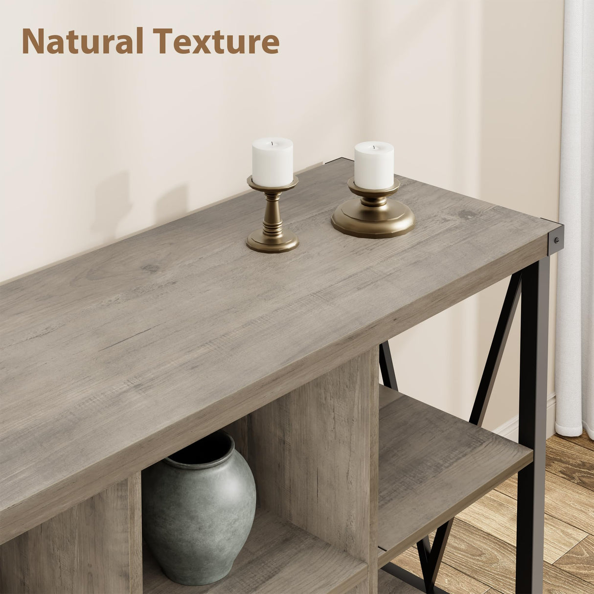 GarveeHome 8 Cube Storage Organizer Bookshelf, Farmhouse Horizontal Bookcase, 62 Inch Wood Storage Bookcase for Entryway, Long Low Bookshelves for Living Room (Grey, 8 Cube Metal) GarveeHome