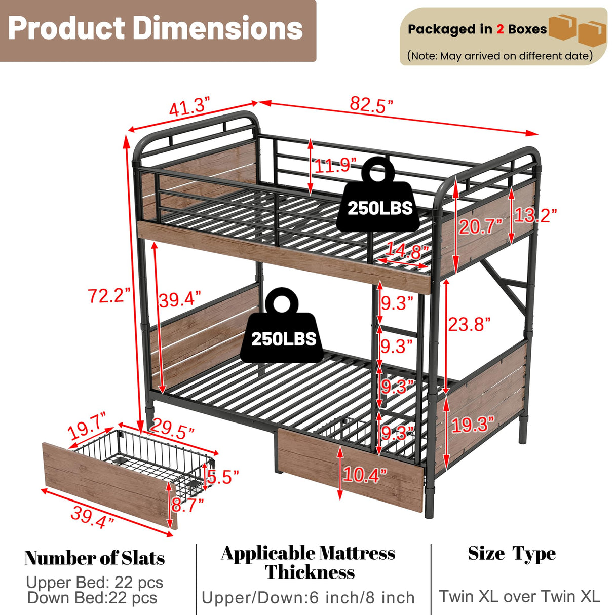Twin XL Bunk Beds with LED Light and Charge Station for Kids and Teens , Industrial Heavy-Duty 2 IN 1 Convertible Gaming Bunk Bed with 2 Storage Drawers ,15.9" High Guard Rail,Space-Saving ,Black MoproBeti