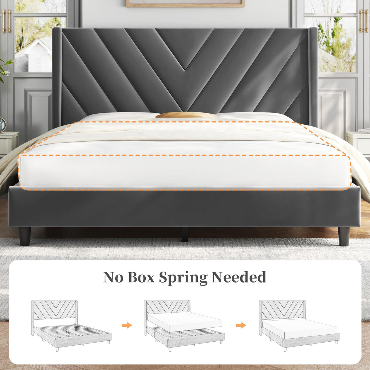 Yaheetech Queen Bed Frame Upholstered Platform Bed with Wing Side/Wooden Slat Support/Tufted Headboard with Wing Side/Mattress Foundation/No Box Spring Needed,Dark Gray Queen Bed Yaheetech