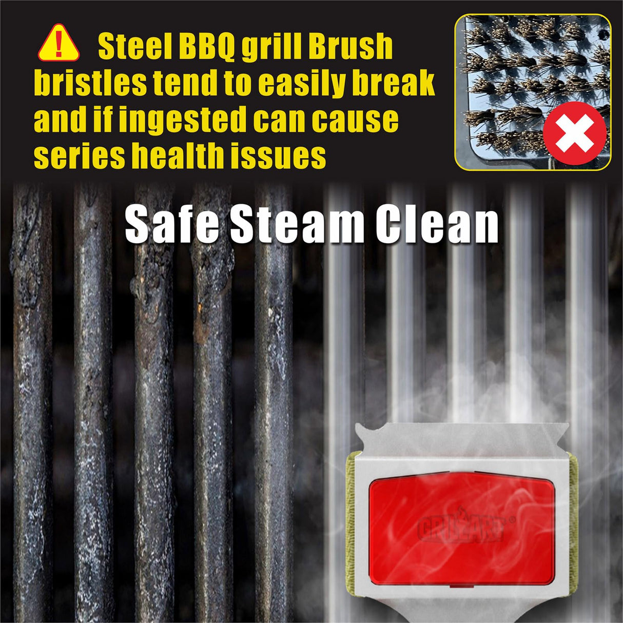 GRILLART Grill Brush Bristle Free. SteamWizards BBQ Replaceable Cleaning Head, Unique Seamless-Fit Scraper Tool for Cast Iron/Stainless-Steel Grates, Safe Barbecue Grill Cleaner-Red GRILLART